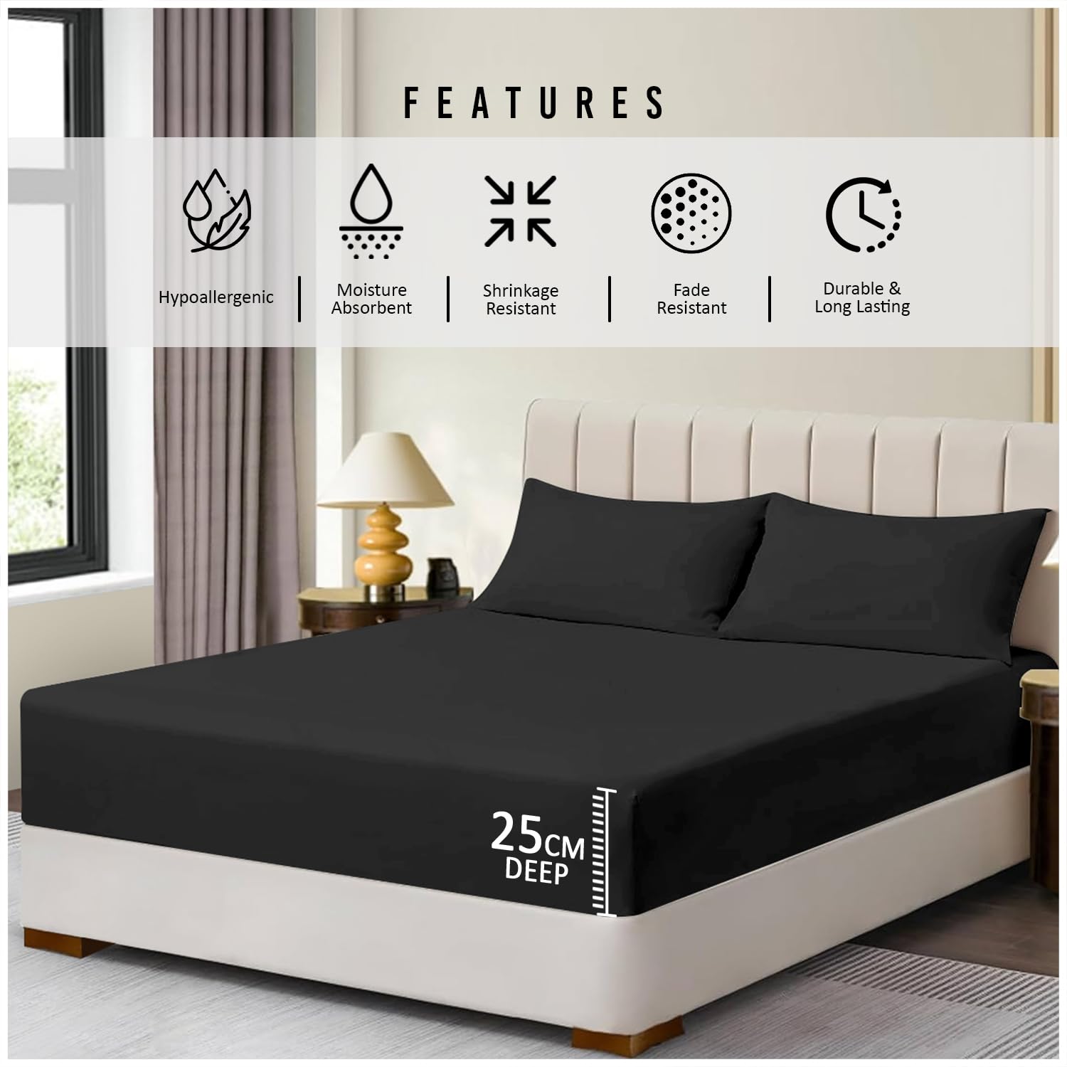 Super Dreamer King Size Fitted Sheet - Soft 100% Polyester Bedding in Black | Secure Elastic Corner 4