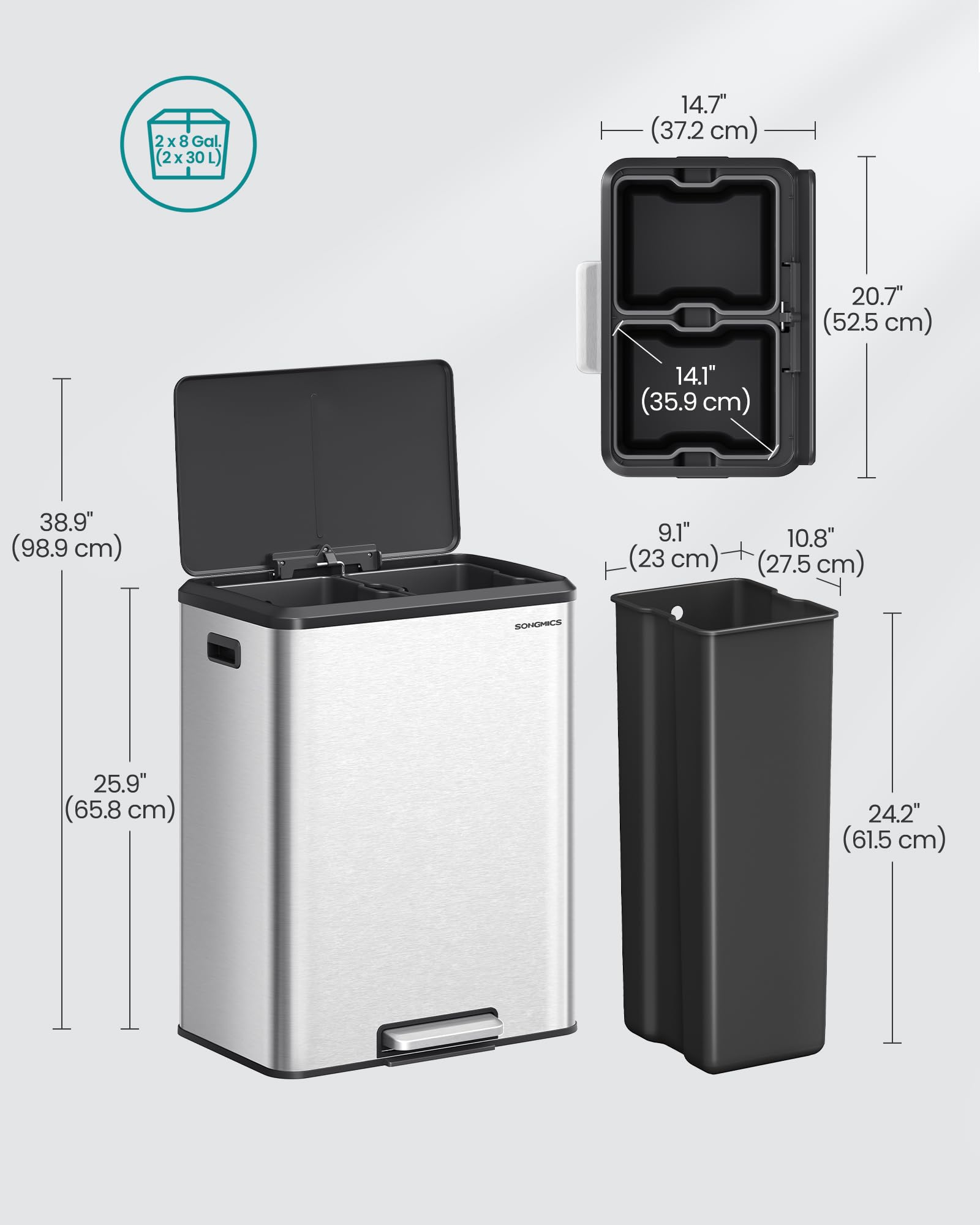 SONGMICS Kitchen Bin - Double Compartment Recycling System | 2 x 30 L Capacity | Stainless Steel 6
