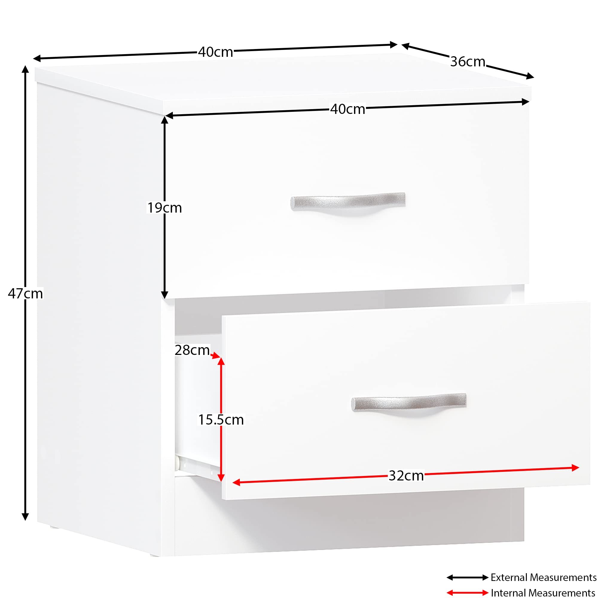 Vida Designs White Bedside Cabinet - 2 Drawers with Metal Handles | 47H x 40W x 36D cm 3