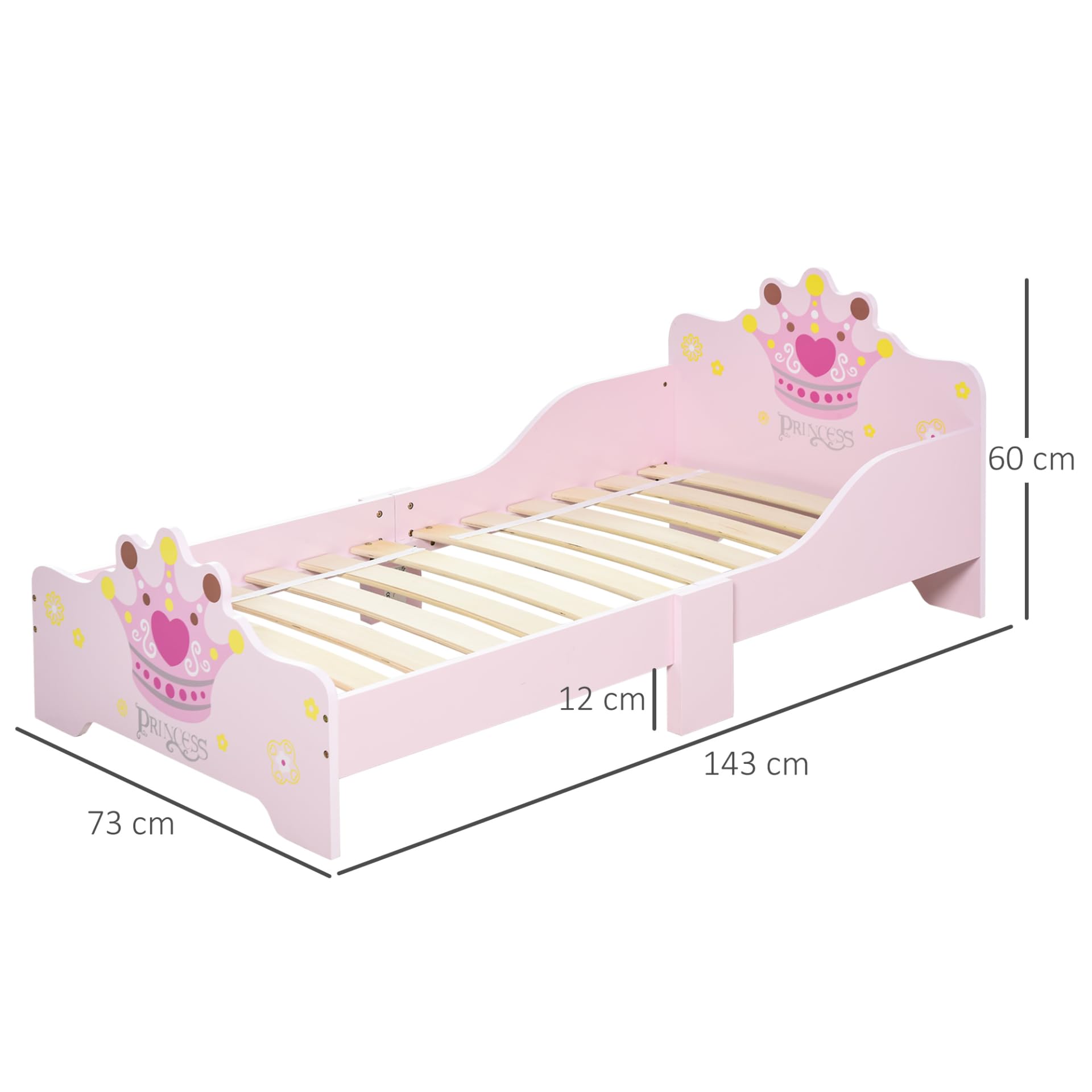 HOMCOM Princess Crown Toddler Bed for Girls | Low Height, Safety Rails | Supports 50kg 3