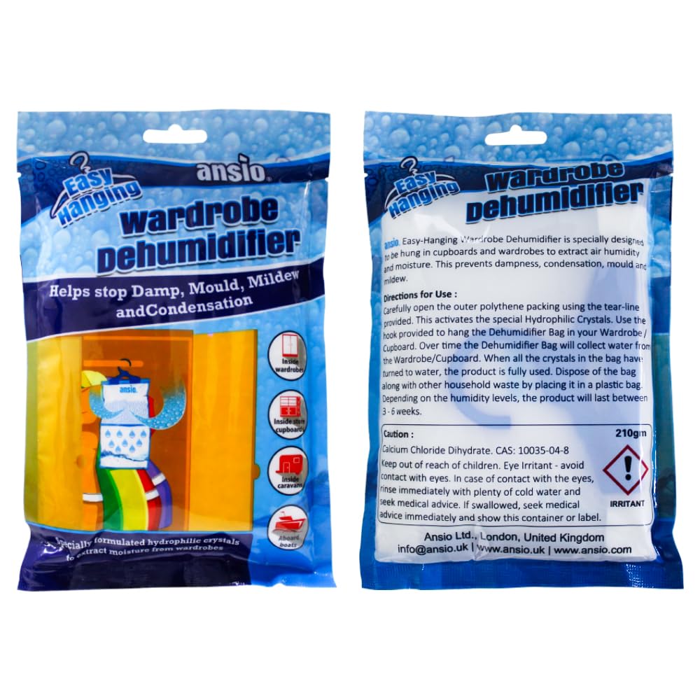 ANSIO Wardrobe Dehumidifier Disposable Hanging Bags - Pack of 6 | Absorbs Damp & Condensation 8
