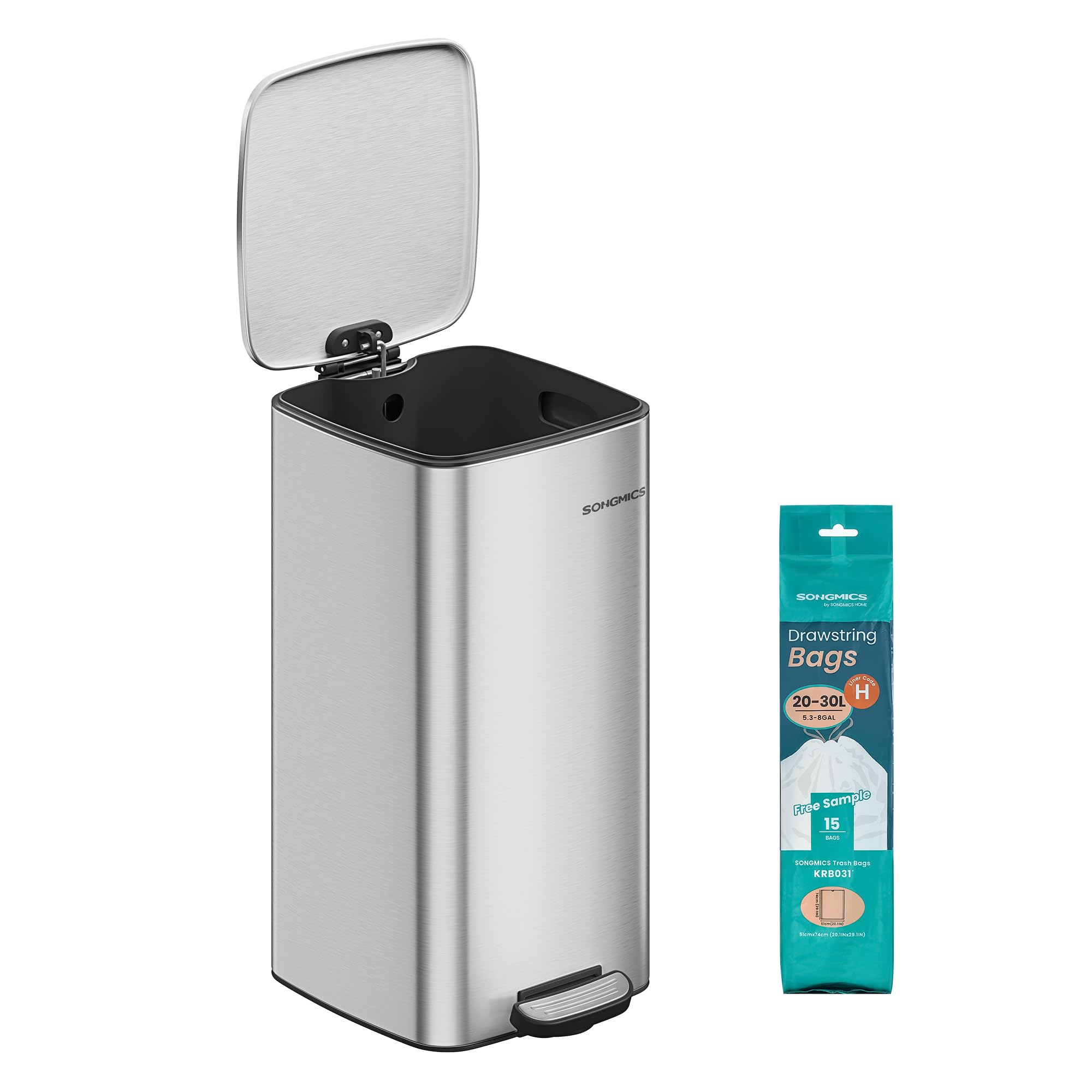 SONGMICS Stainless Steel Pedal Bin - 8 Gallon (30 L) Capacity | Quiet Close | Metallic Silver 1