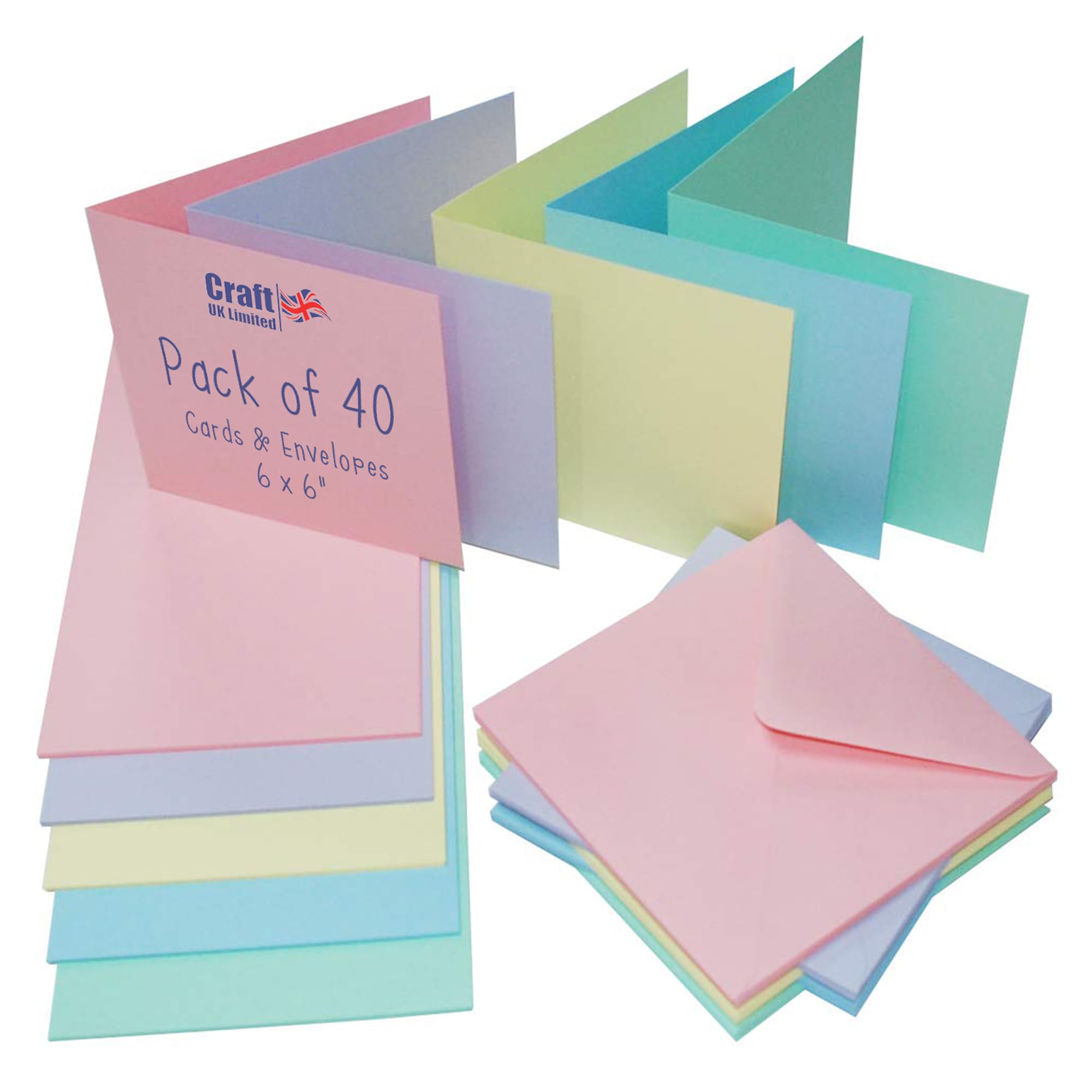 Craft UK 2308 - 6x6" Assorted Pastel Card Stock Pack | 40 Cards & Envelopes | 100g 1
