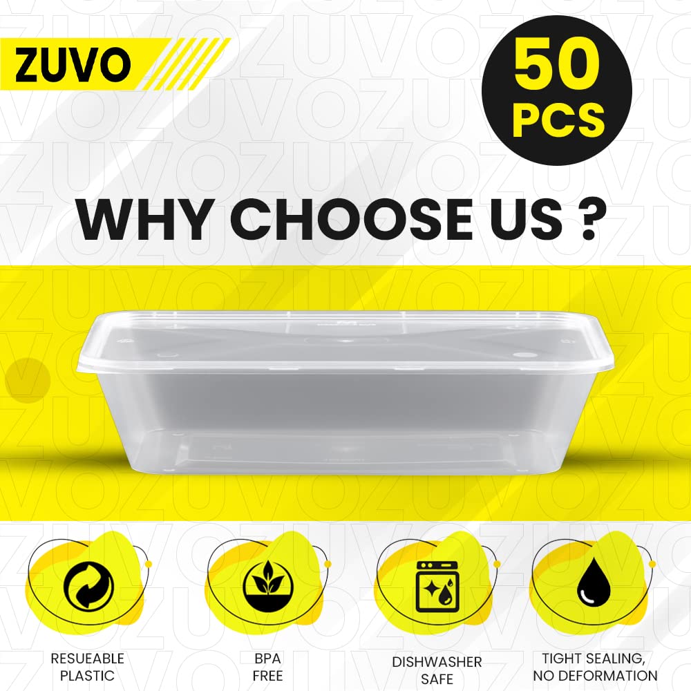 Zuvo Rectangular Plastic Food Containers - 750ml, Pack of 50 | Microwave, Freezer, Dishwasher Safe 3