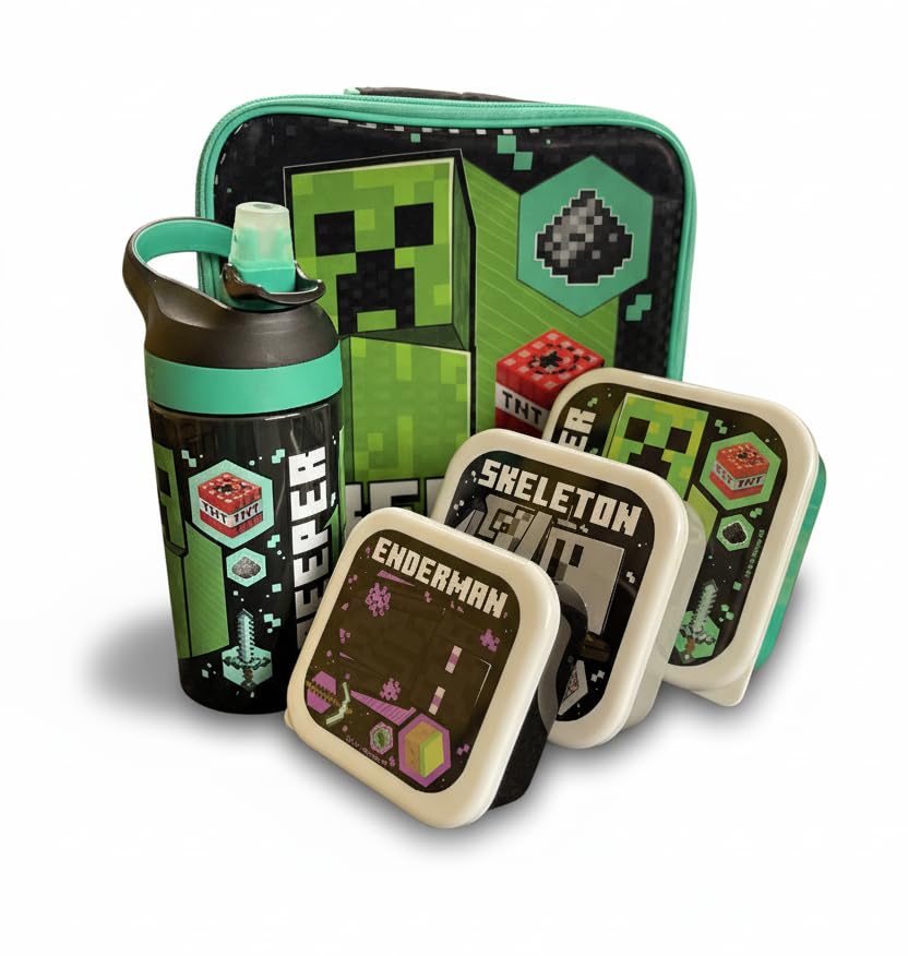 HOX Minecraft 5 Piece Lunch Set with 450ml Lockable Water Bottle | School & Travel 1