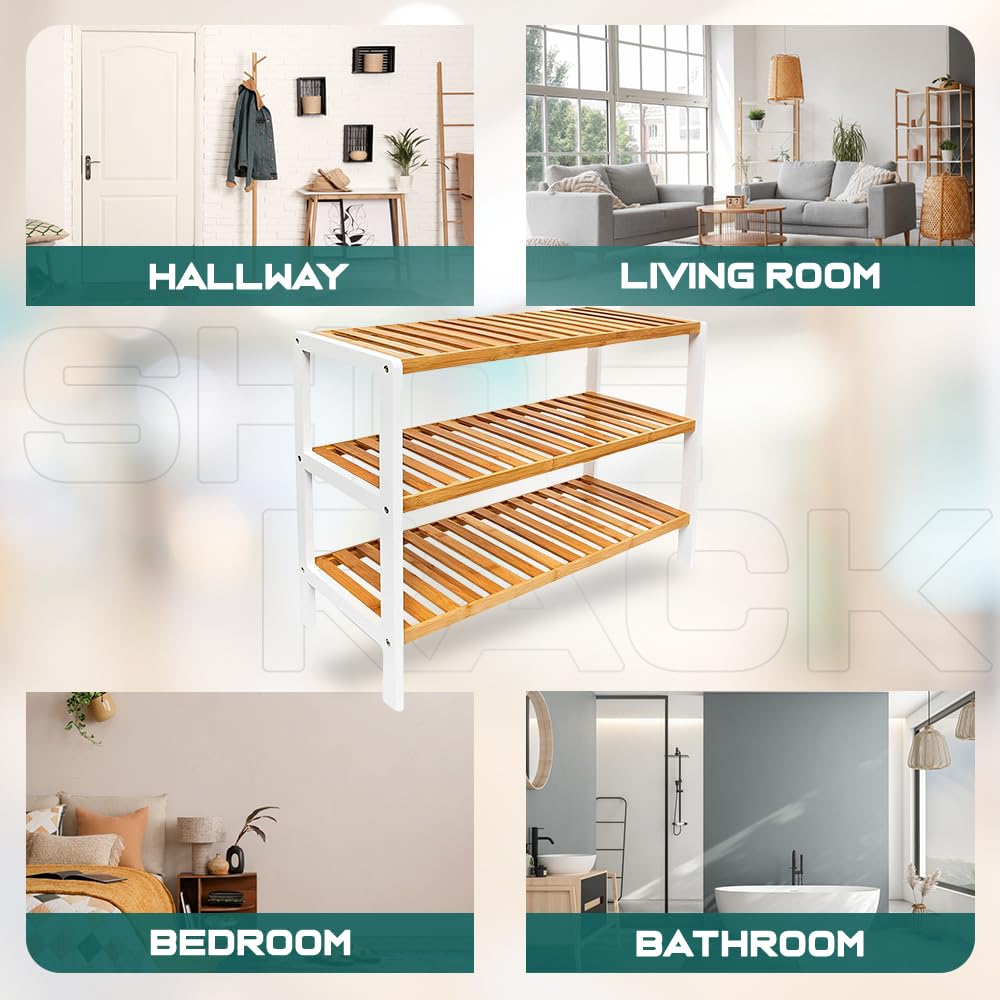 1ABOVE Bamboo Shoe Rack - 3 Tier Storage | White & Natural Wood | Portable | 70x55x25cm 7
