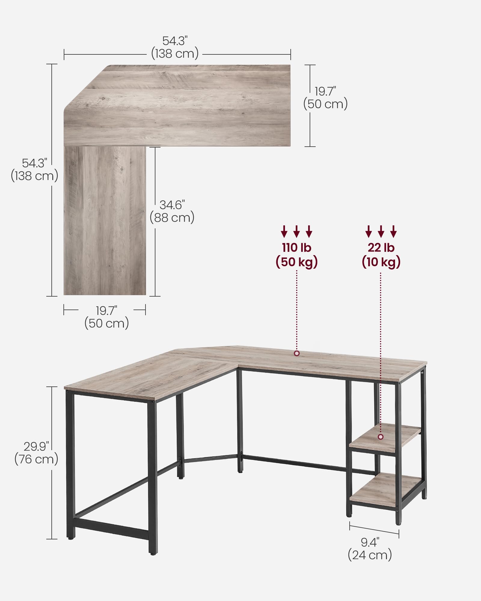 VASAGLE L-Shaped Corner Computer Desk - 138 x 138 cm Desktop | Removable Shelf | Greige & Black 3