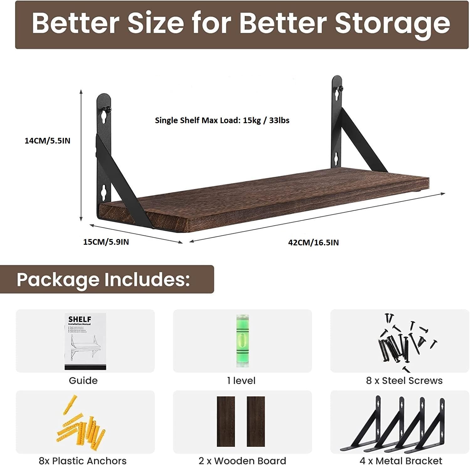 himaly Rustic Wooden Floating Shelves Set of 2, Dark Wood, Max Load 15kg/33lbs Each 3