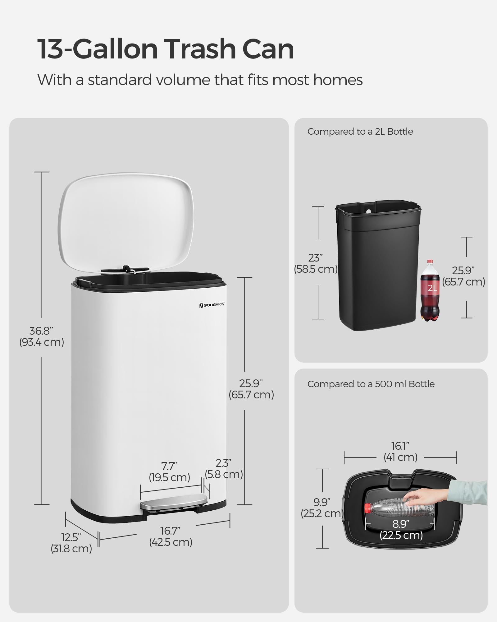 SONGMICS Kitchen Bin 50 L Pedal Rubbish Bin | Soft Close | Steel Exterior | White LTB101W01 8