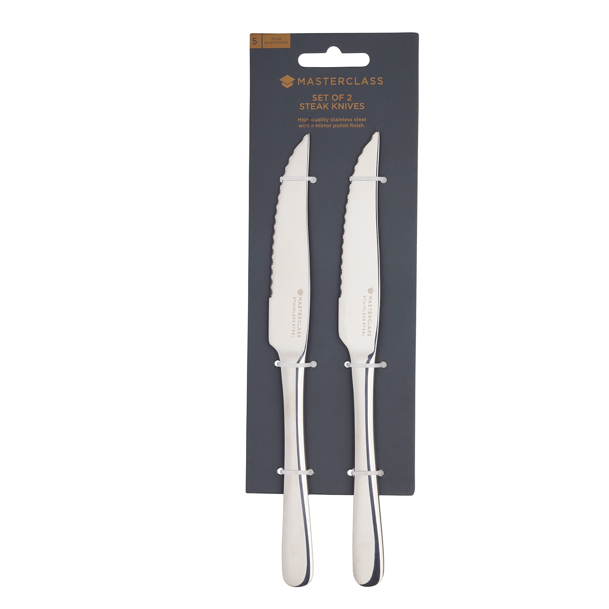 MasterClass Stainless Steel Serrated Steak Knives Set of 2 | Stain & Corrosion Resistant | 22.5cm 1