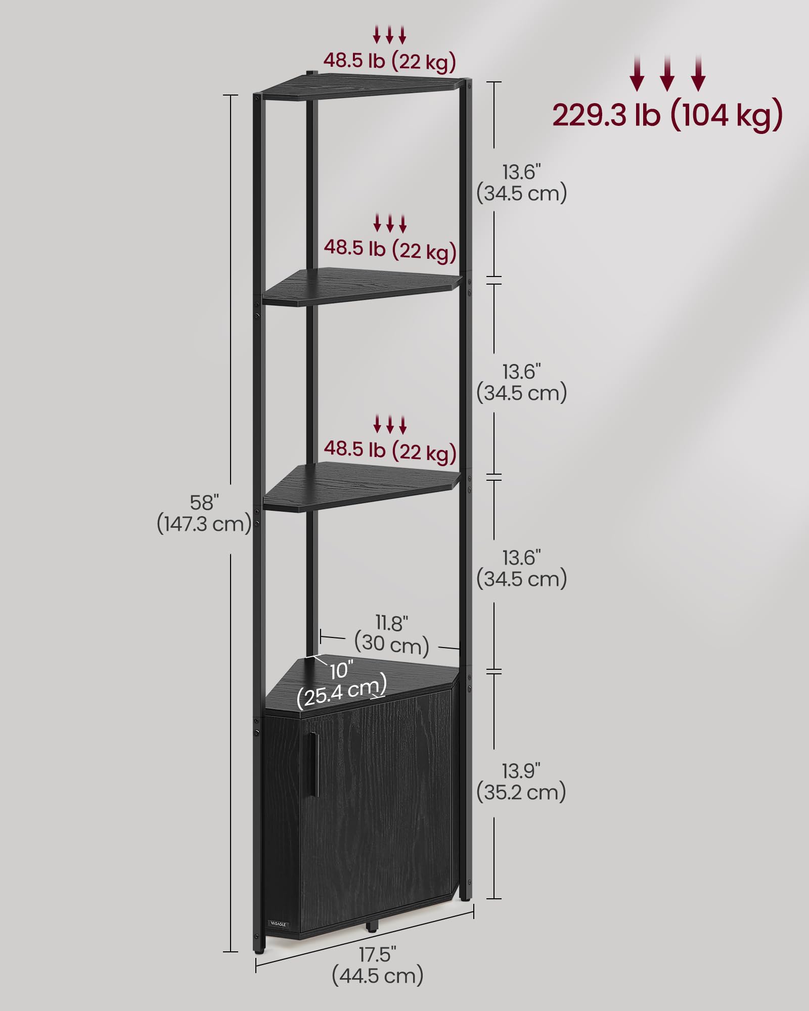 VASAGLE 5-Tier Corner Shelf with Storage Cabinet | Space-Saving Right-Angle Design | Ebony Black 3