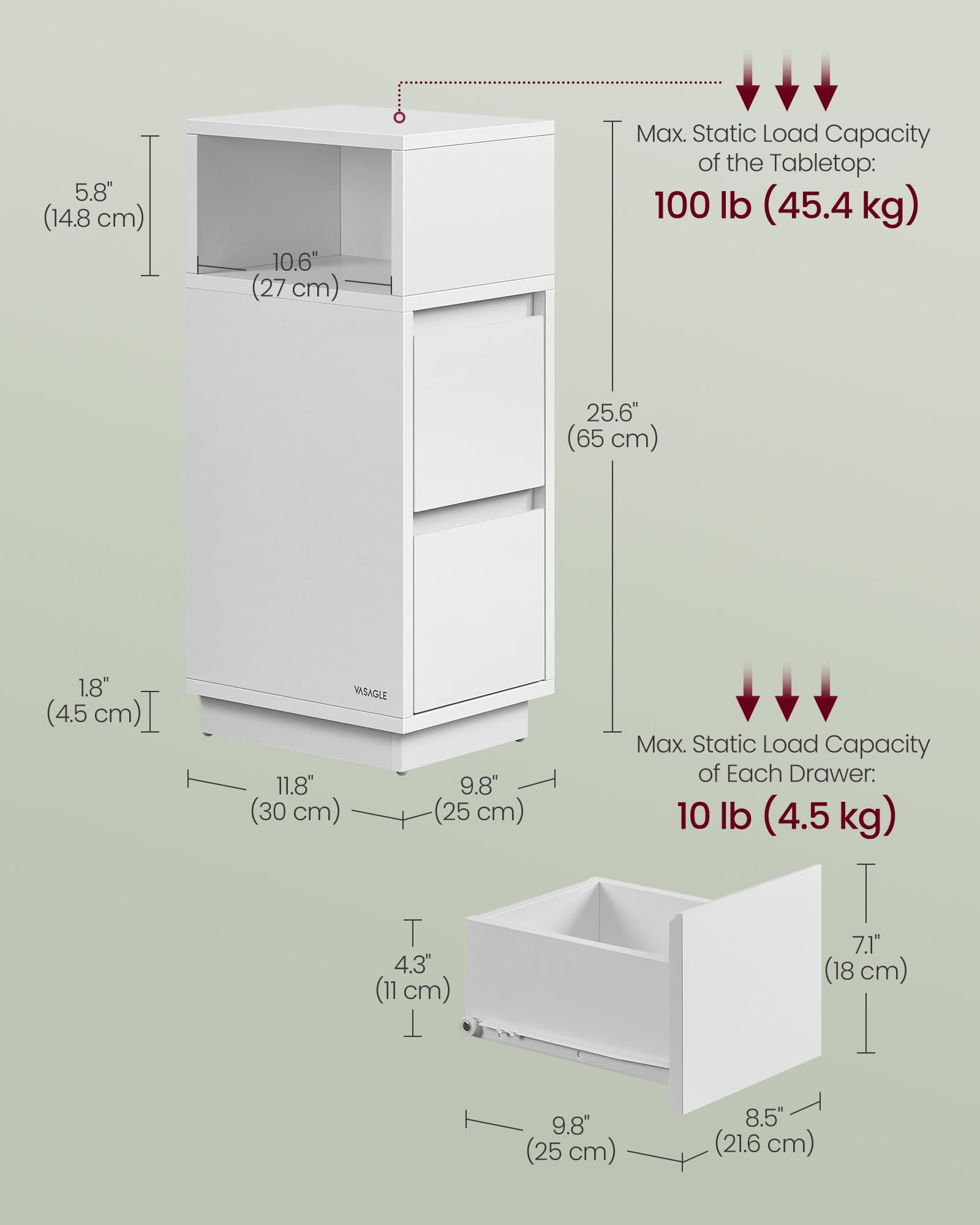 VASAGLE Slim Bedside Table - Cloud White | 2 Drawers | Storage | 65 cm Height 3