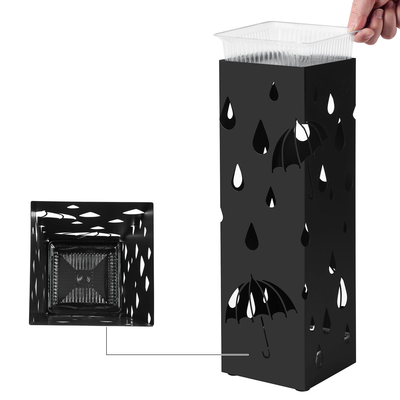 SONGMICS Metal Umbrella Stand - Square Design with Drip Tray | Black | 15.5 x 15.5 x 49 cm 7