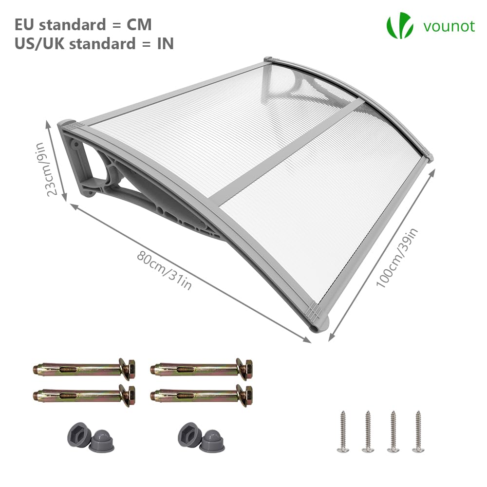 VOUNOT Front Door Canopy Awning - 100 x 80 cm Polycarbonate Shelter | Rust-Free Aluminum Support 5