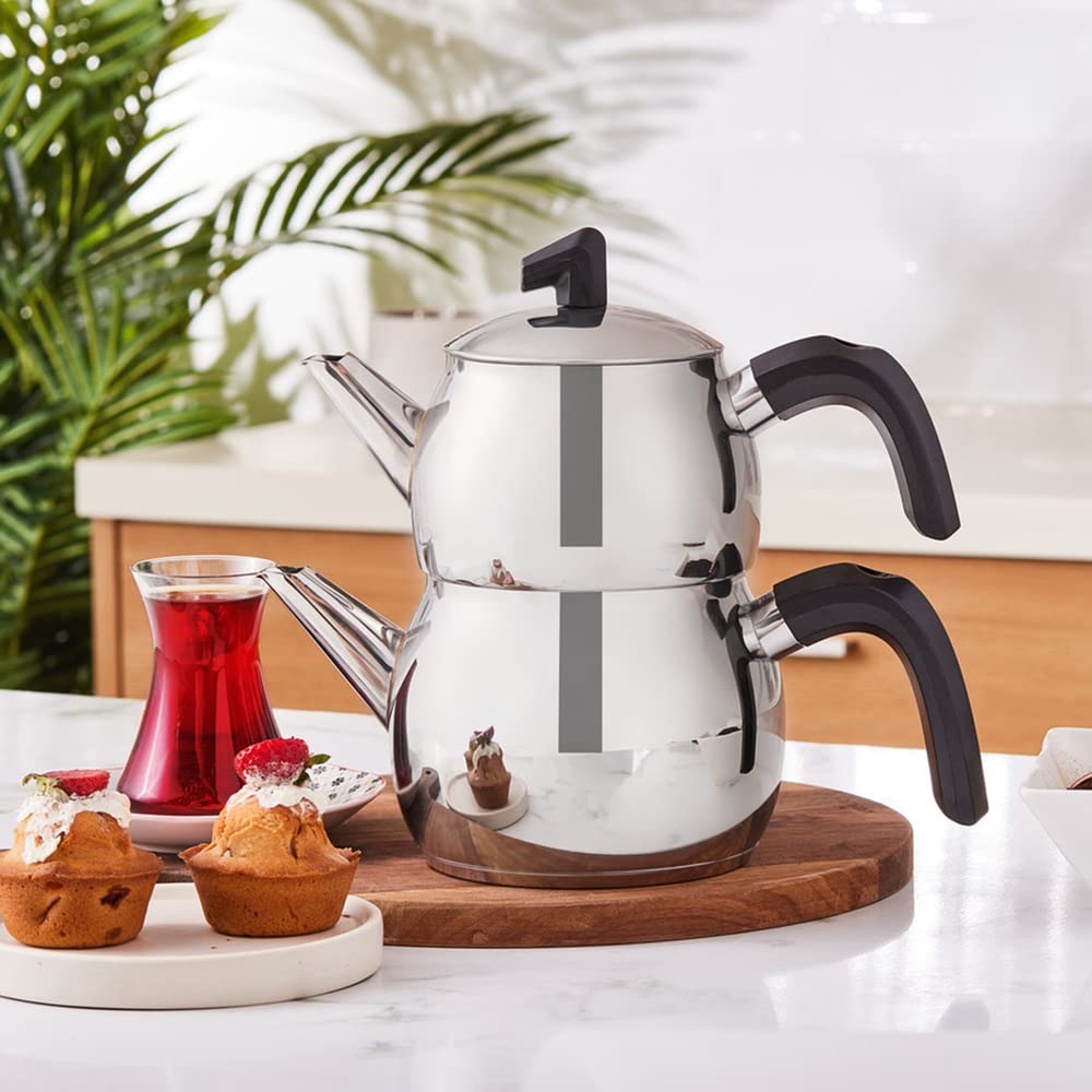 KARACA Belinay Stainless Steel Tea Pot Set | 1 Litre Teapot | Induction Compatible | Silver Black 2
