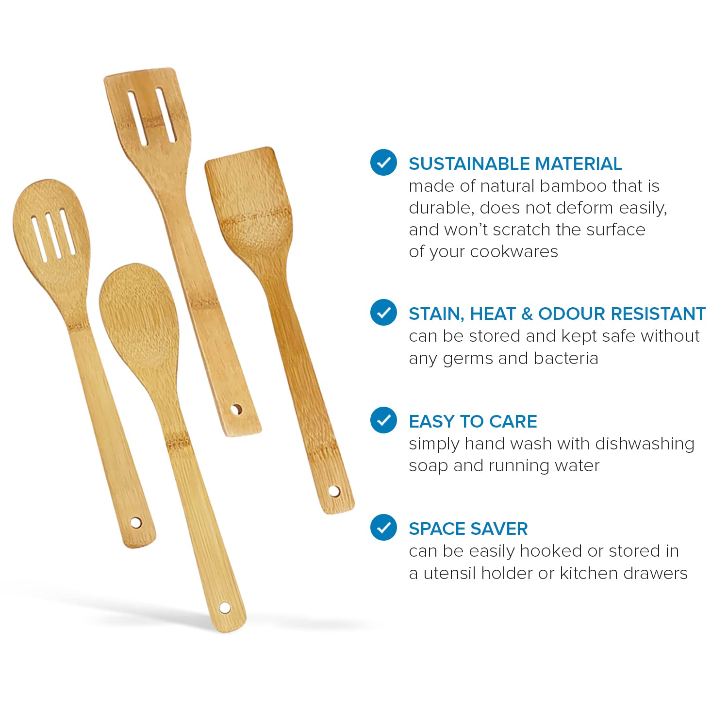 joeji's Kitchen Wooden Cooking Spoons Set of 4 - Natural Bamboo Utensils | Dishwasher Safe 4