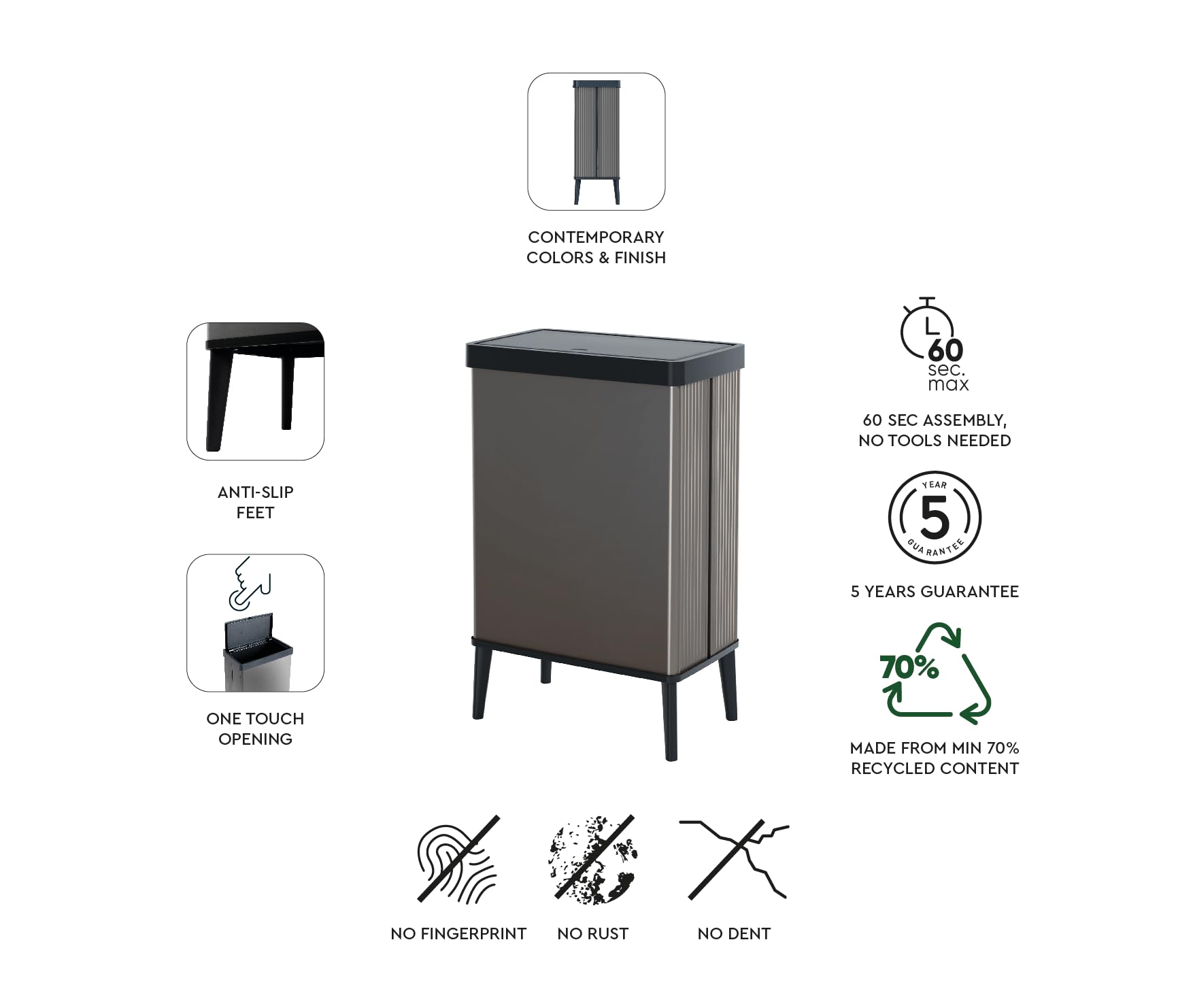 CURVER Verto 54L Waste Bin - Push Lid | Pearl Grey | Recyclable Plastic 8