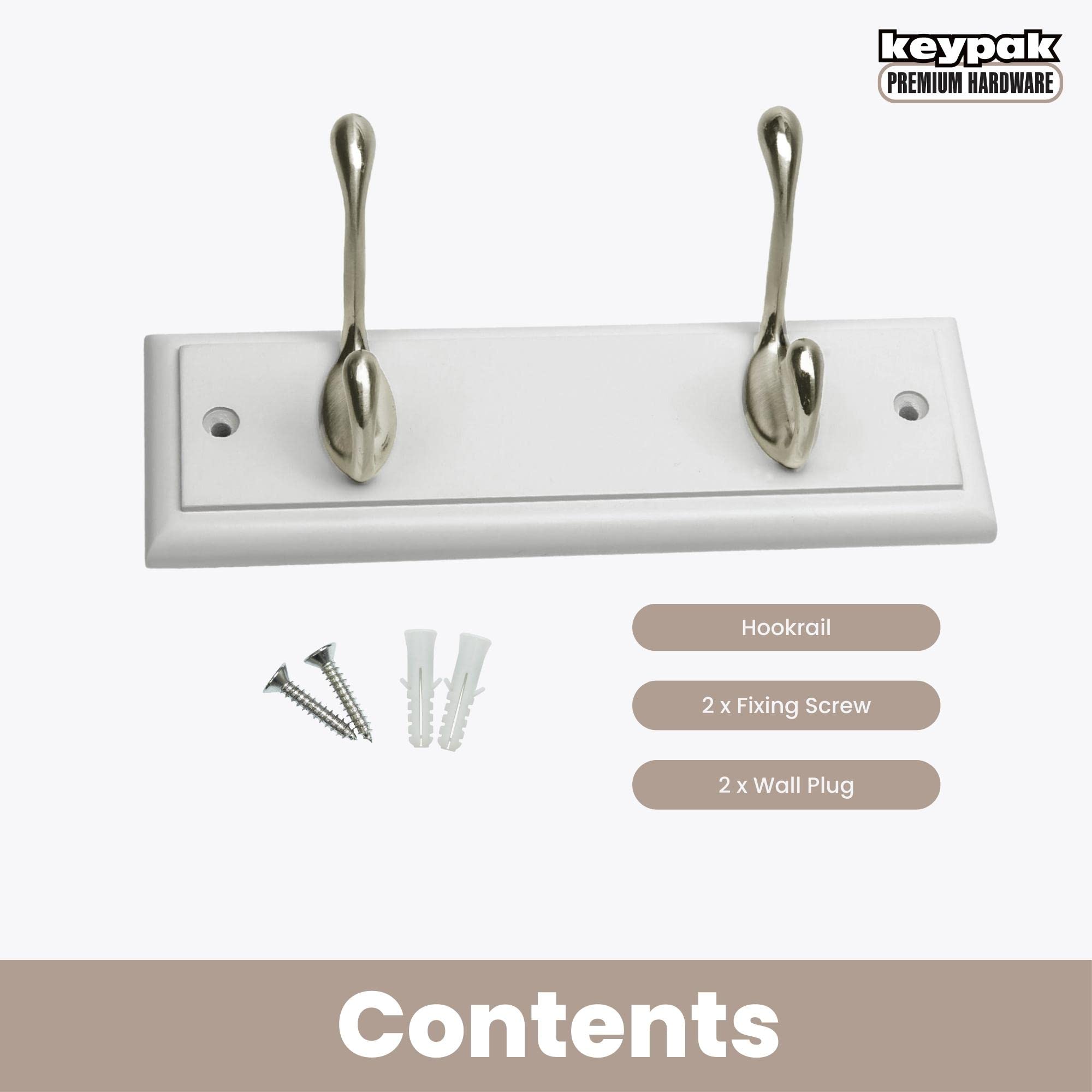 keypak 2-Hook Wall Mounted Coat Rack - White Engineered Wood Board | Satin Nickel Hooks | Fixings Included 4