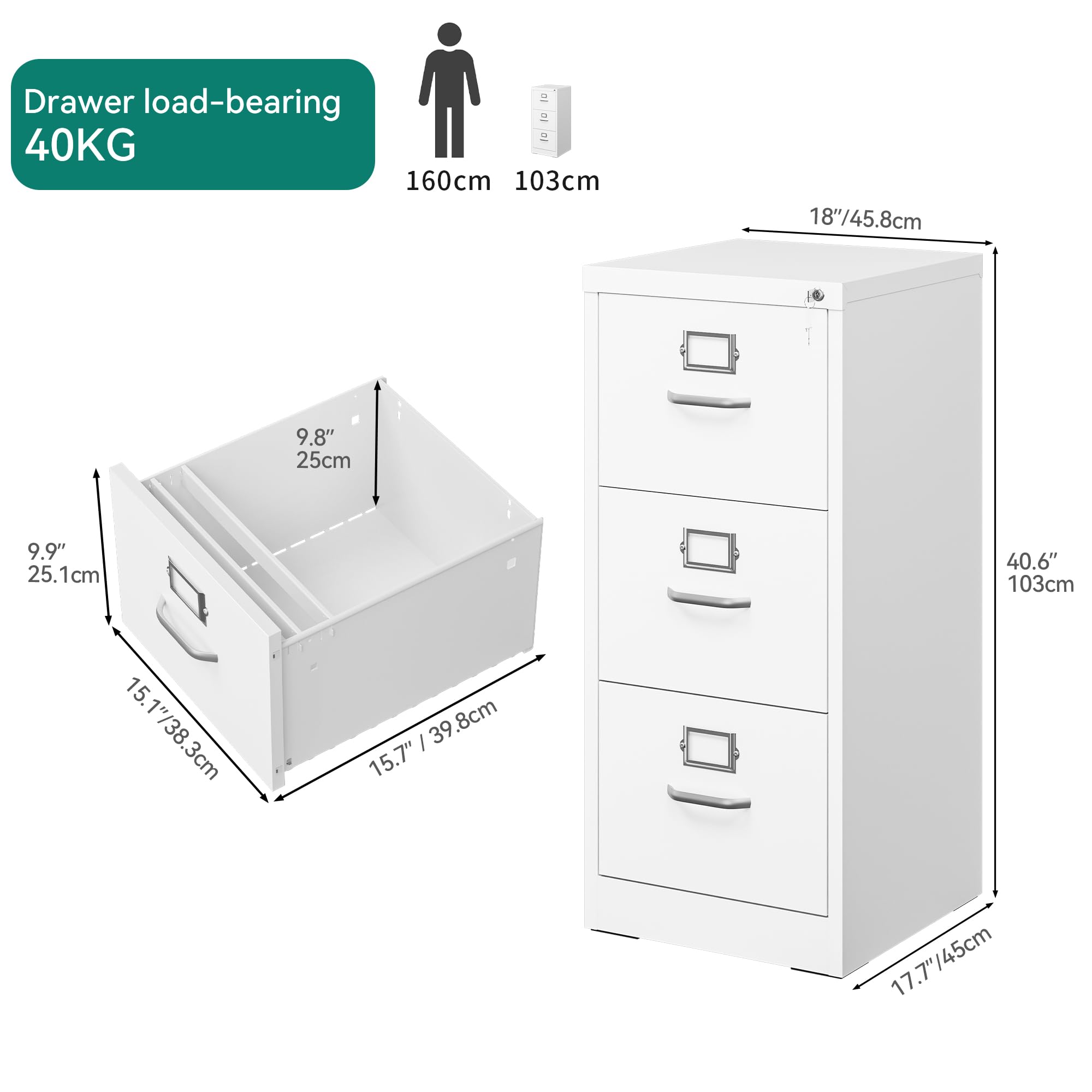 YITAHOME 3-Drawer Vertical File Cabinet - Lockable, Heavy-Duty Steel | 45.8 x 45 x 103cm 3
