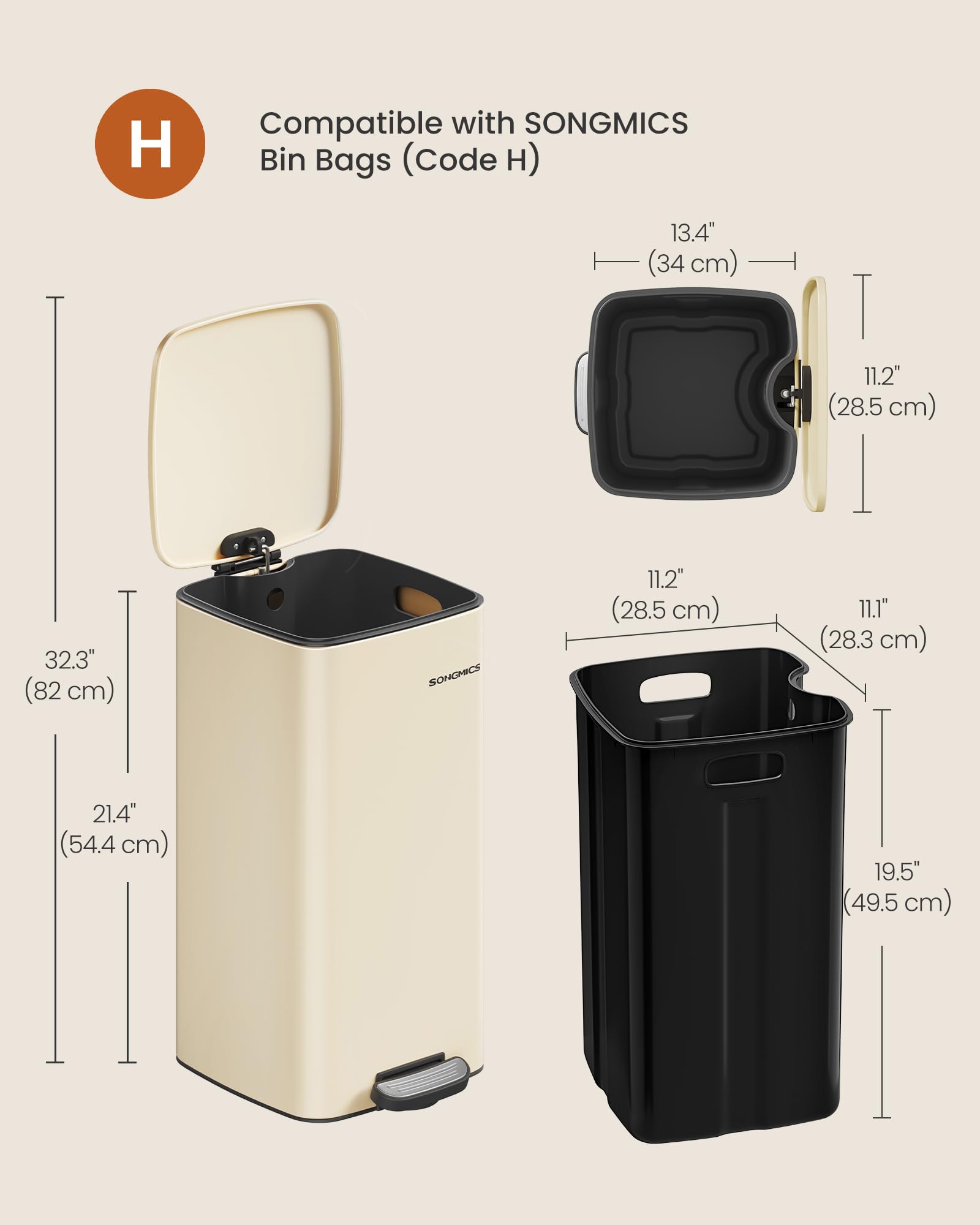 SONGMICS Stainless Steel Pedal Bin - 30L Capacity | Sand Beige | Soft Close 7
