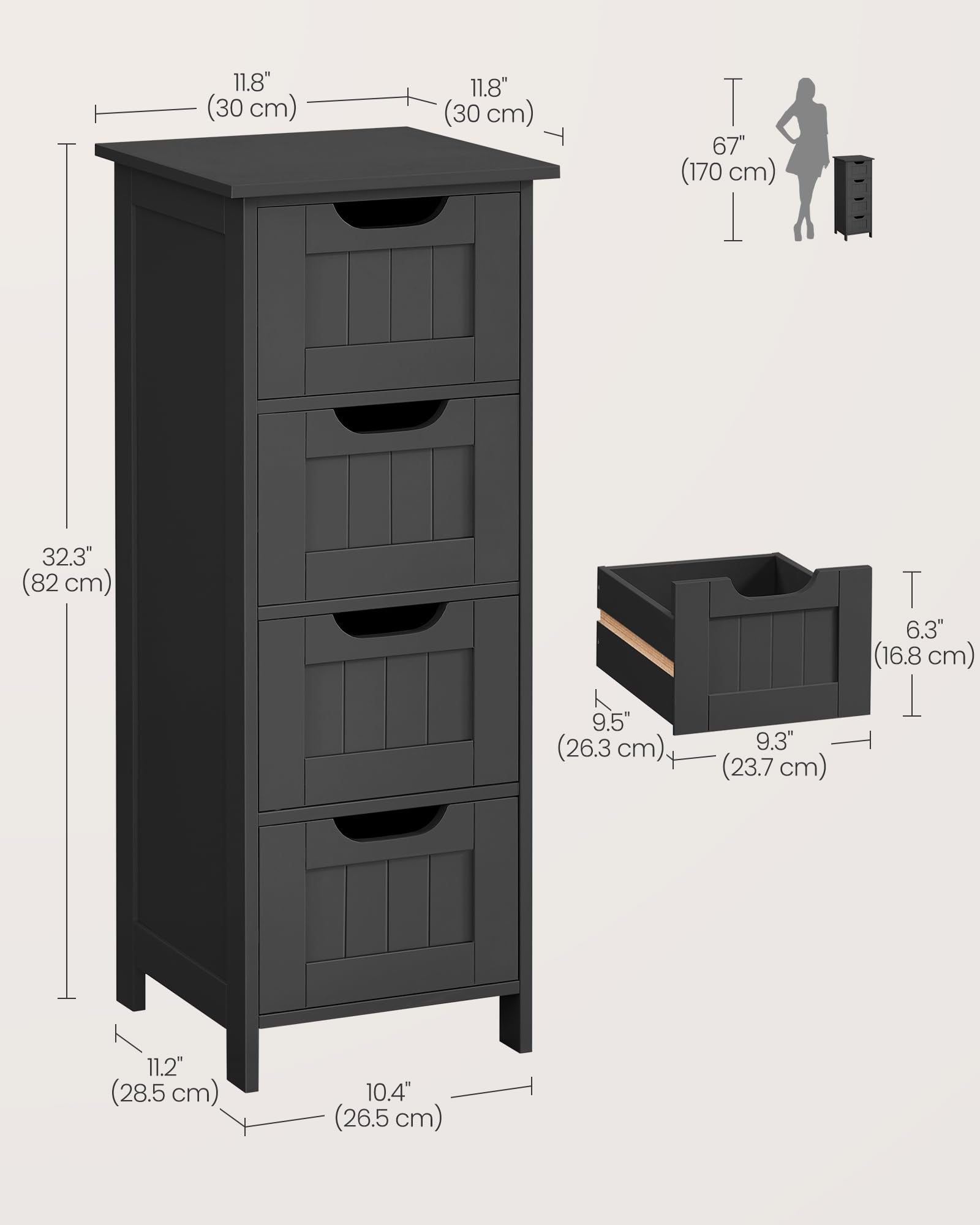VASAGLE Bathroom Floor Storage Cabinet - 4 Drawers | 30 x 30 x 82 cm | Ink Black 3