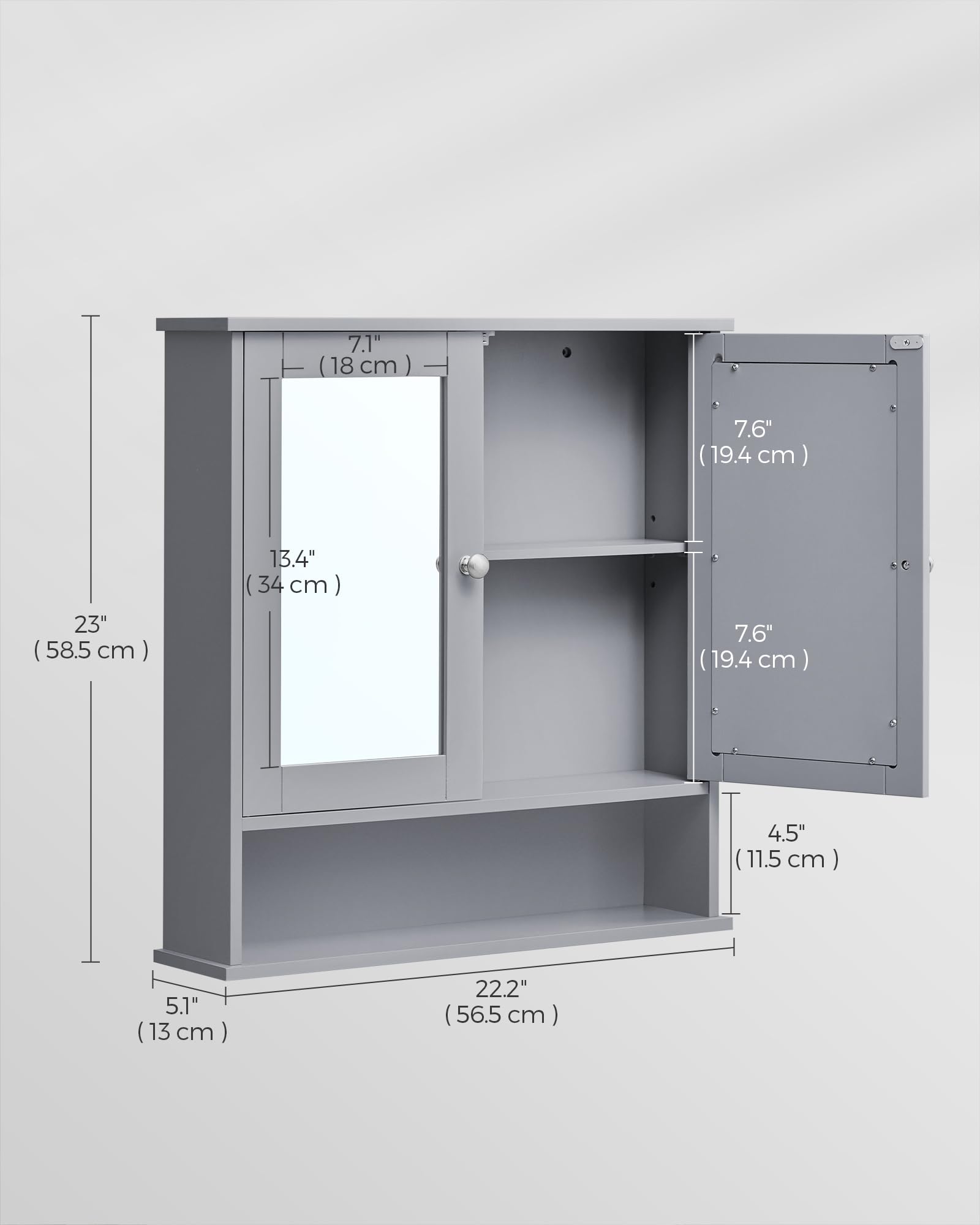 VASAGLE Bathroom Mirror Cabinet with 2 Mirrored Doors | Dove Grey | 13D x 56.5W x 58.5H cm 3