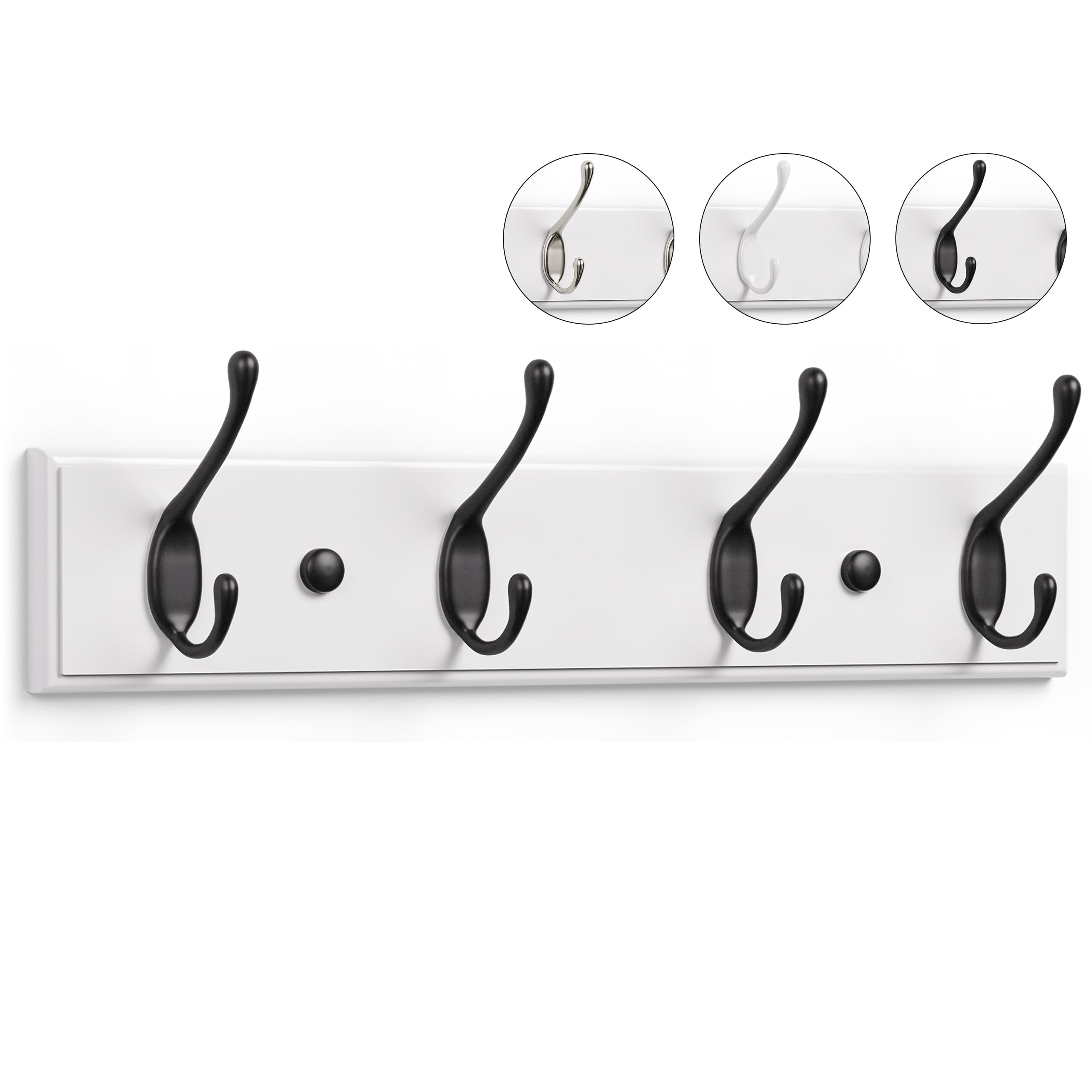 LARHN White Bamboo Wall Coat Rack - 4 Heavy-Duty Black Hooks | 42 cm Wide