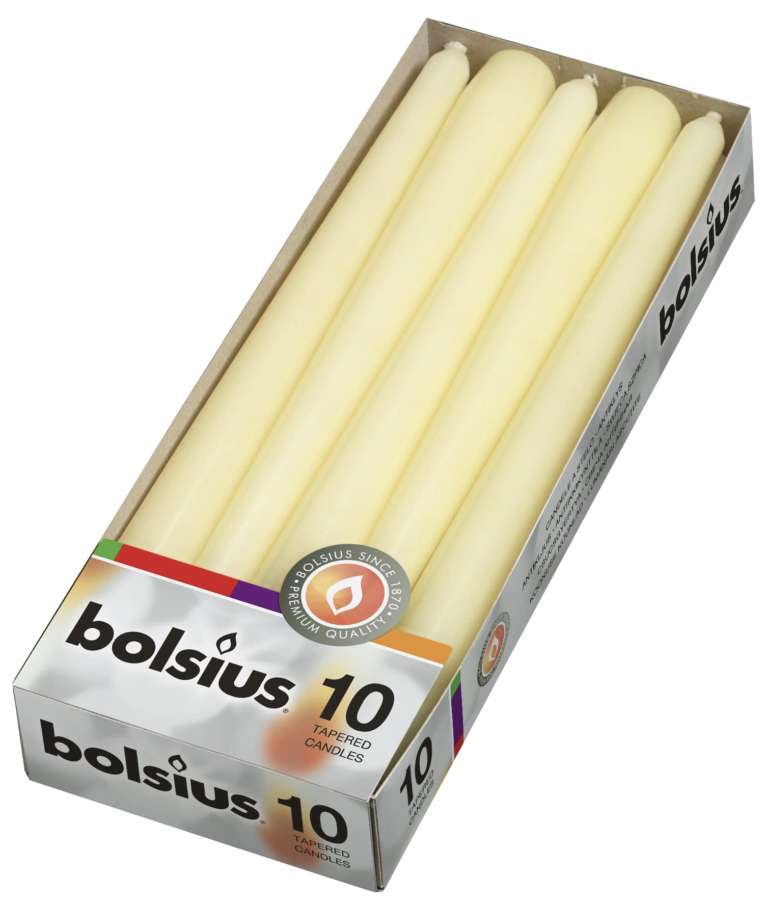 BOLSIUS Dinner Candles - Paraffin Wax | 7.5 Hour Burn Time | Box of 10 Ivory Taper Candles