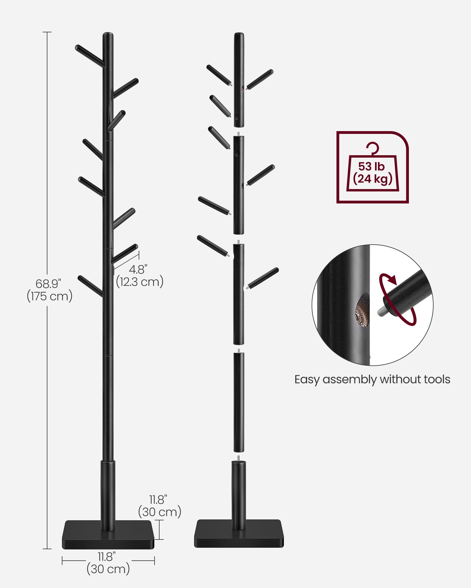 VASAGLE Freestanding Solid Wood Coat Rack | Adjustable Height | Ink Black | Holds 24 kg 7