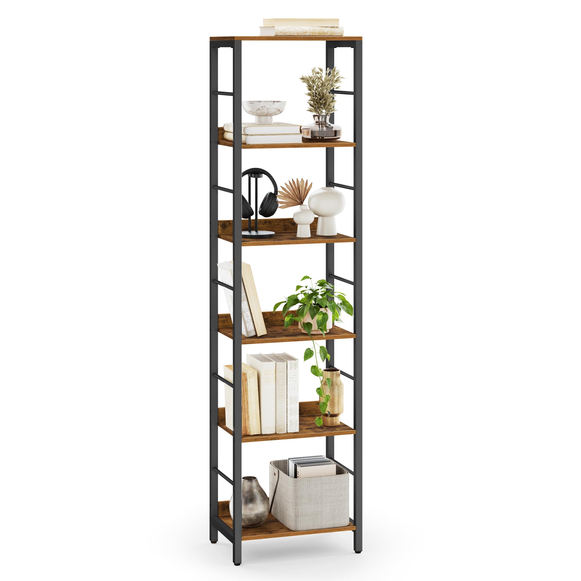 VASAGLE 6-Tier Bookcase - Rustic Brown/Ink Black | 30x40x178 cm | Heavy Duty Steel Frame 1