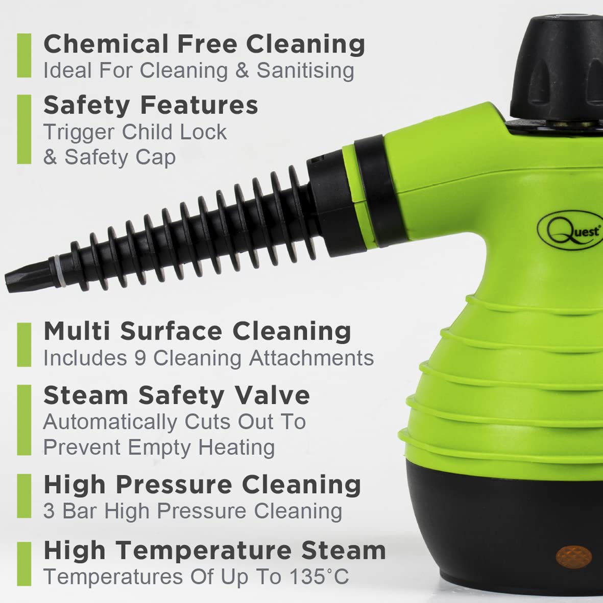 Quest Handheld Steam Cleaner - Powerful Chemical Free Multi Surface Cleaning | 1000W | 135°C Max Temp 5