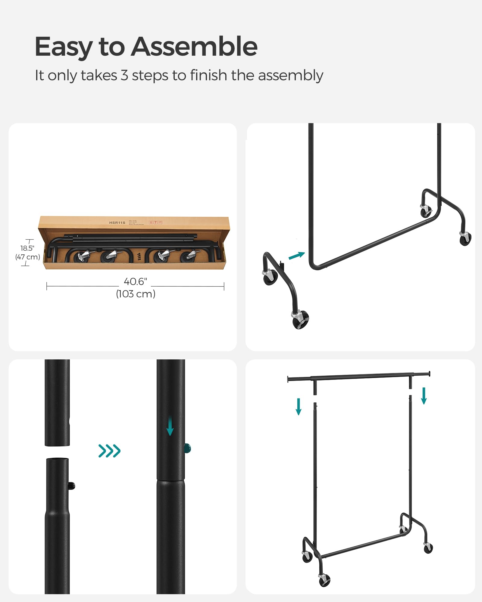 SONGMICS Heavy-Duty Clothes Rack on Wheels - Extendable Rail, 130 kg Capacity | Matte Black 8