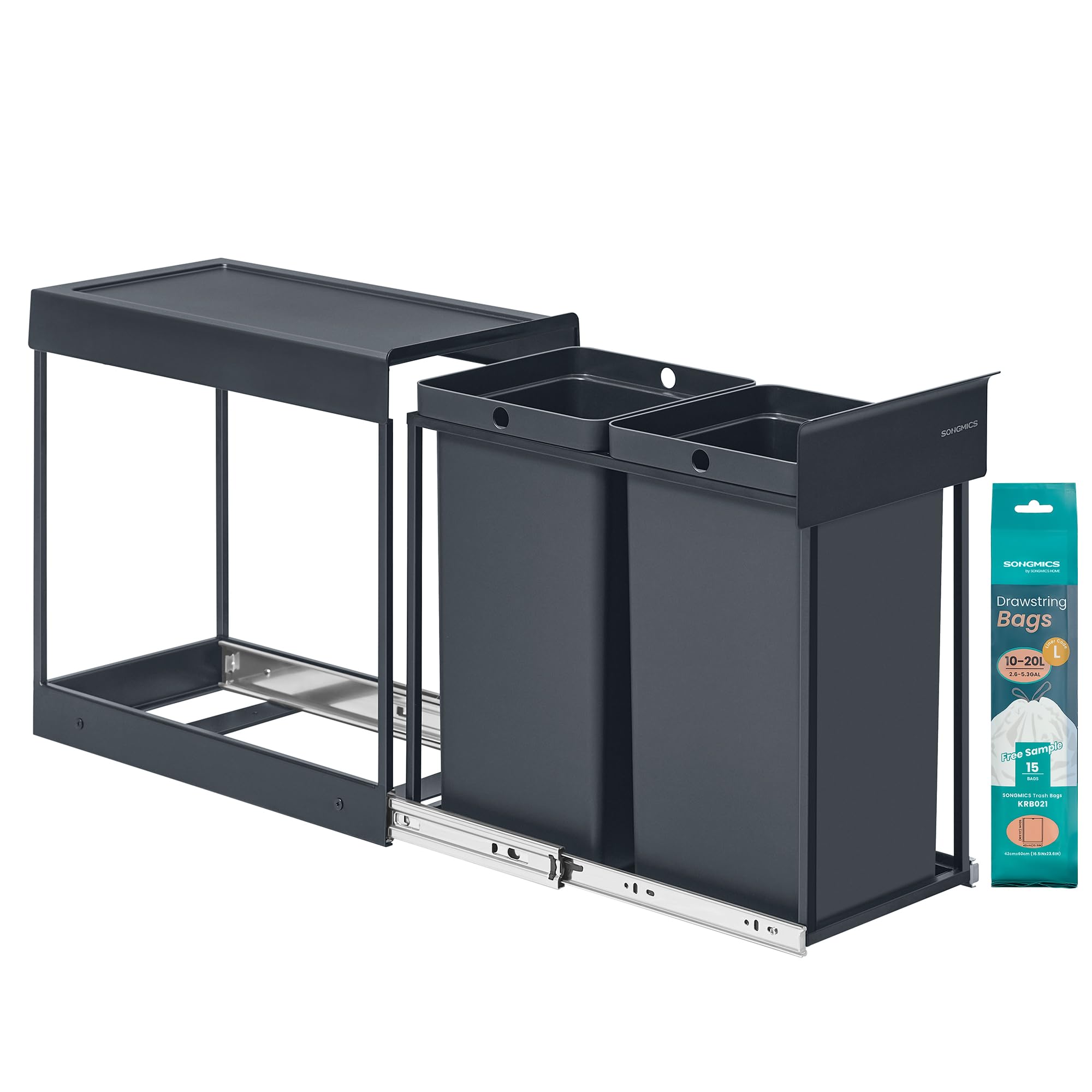 SONGMICS Pull-Out Kitchen Bin - Dual 15L Capacity | Built-in Cabinet Mount | Grey 1