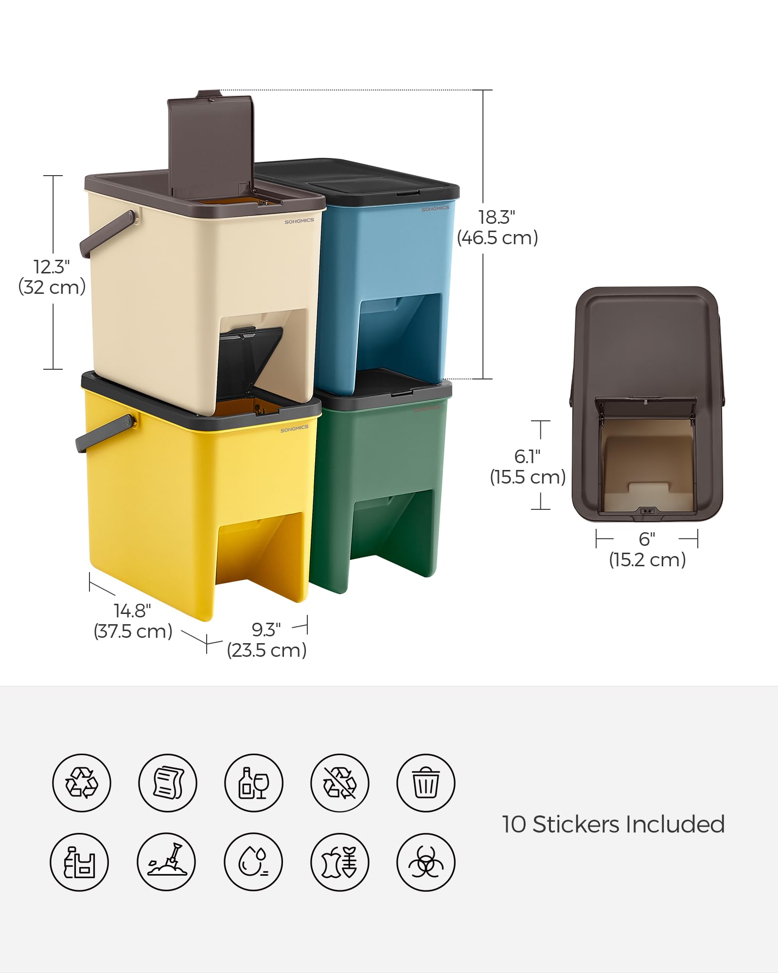 SONGMICS Waste Separation System - Set of 4 Stackable 20L Recycling Bins | Push-to-Open 3