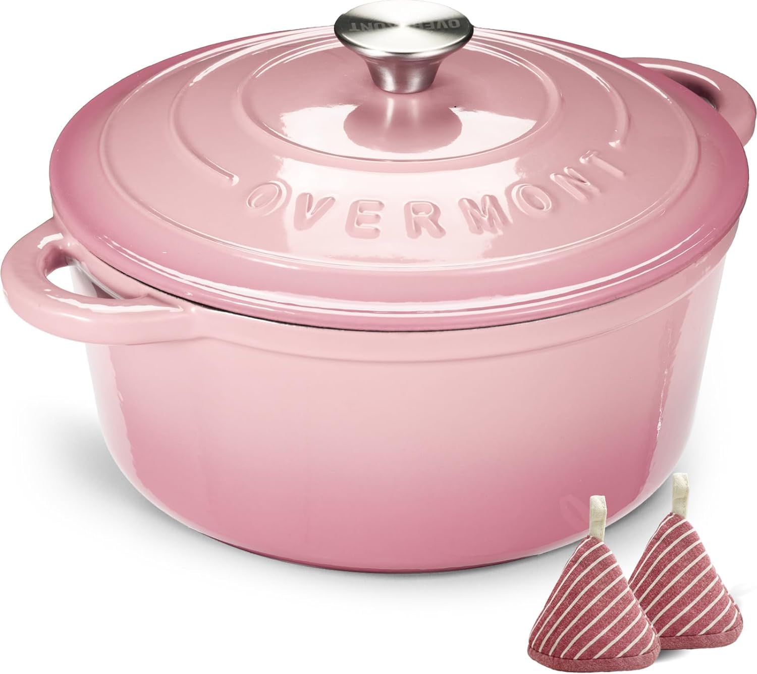 OVERMONT 26cm/5.2L Enamelled Cast Iron Dutch Oven - Pink, 5.5QT | Includes Potholders 1