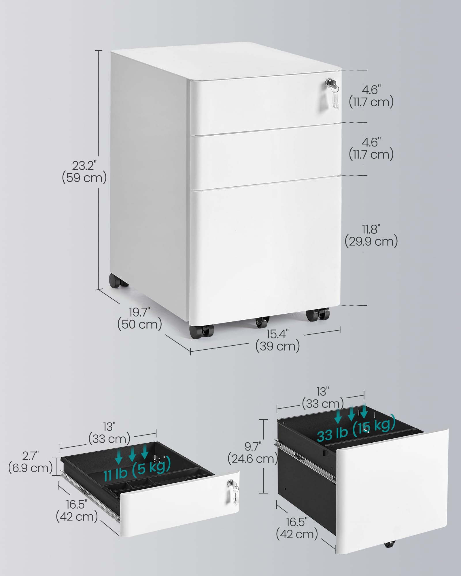 SONGMICS Mobile File Cabinet - 3 Drawers, Lockable, Steel Construction | 50x39x59 cm | White Muted 3