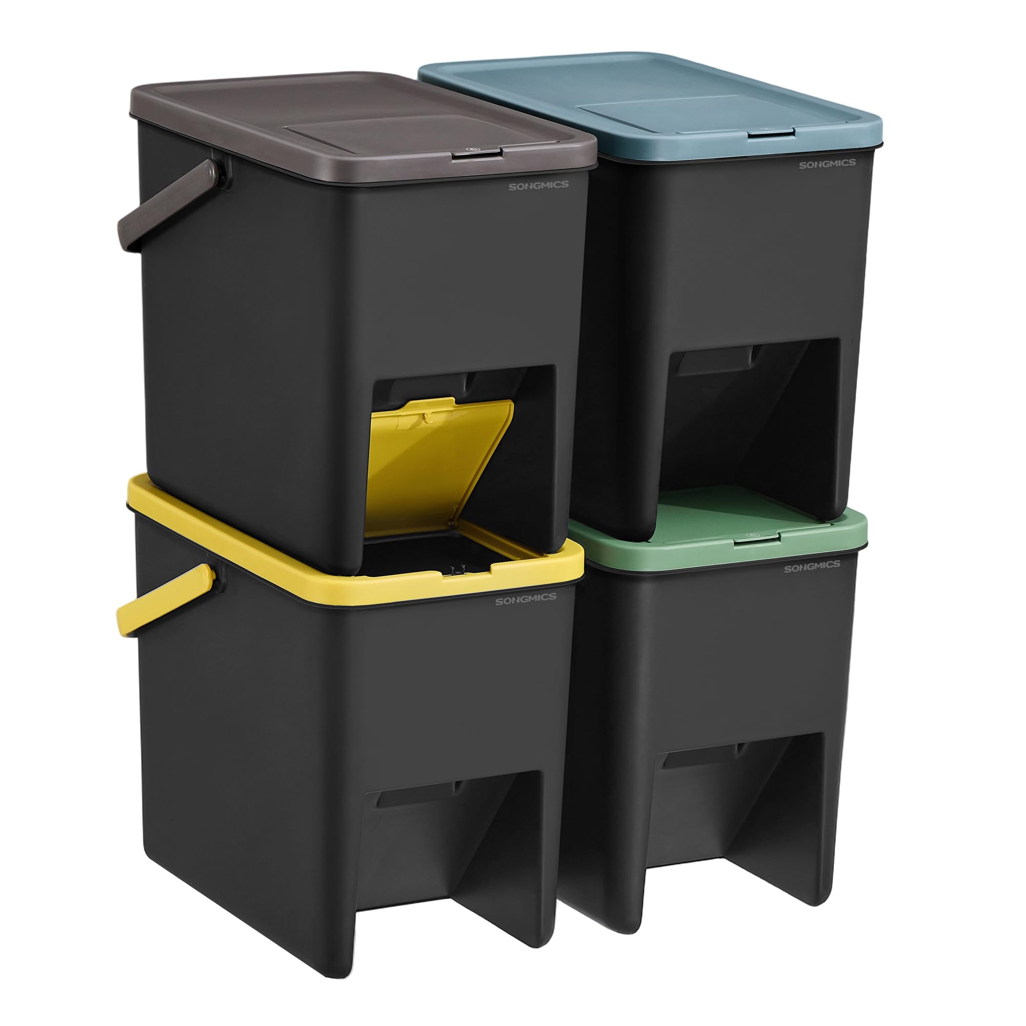 SONGMICS Waste Separation System - 4 Stackable 20L Bins, Color-Coded, Press-to-Open Lids 1