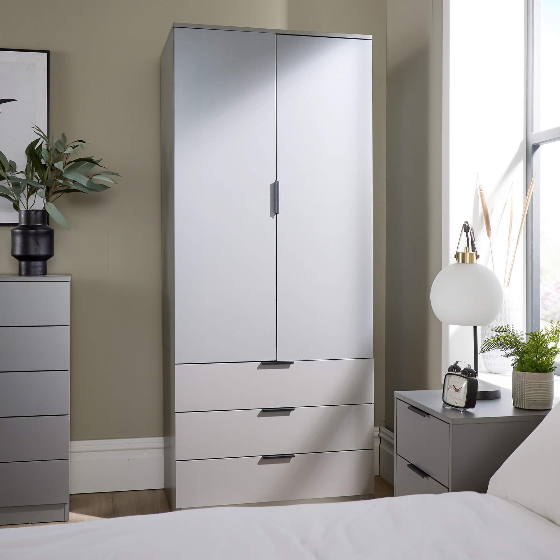 Home Source Phoenix Wardrobe - 2 Doors, 3 Drawers | Grey | 181cm H x 75cm W x 50cm D | Engineered Wood 3