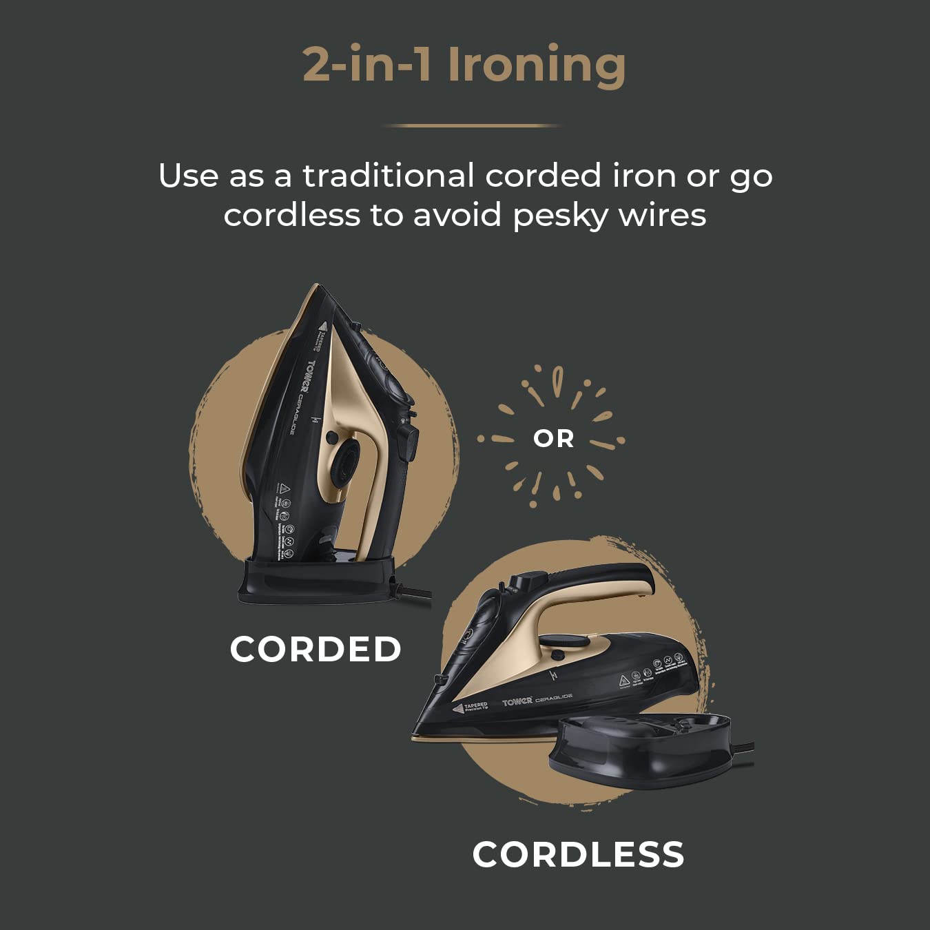 Tower T22008BKG CeraGlide Cordless Steam Iron - 2400W Power | Cordless/Corded Use | Ceramic Soleplate 3