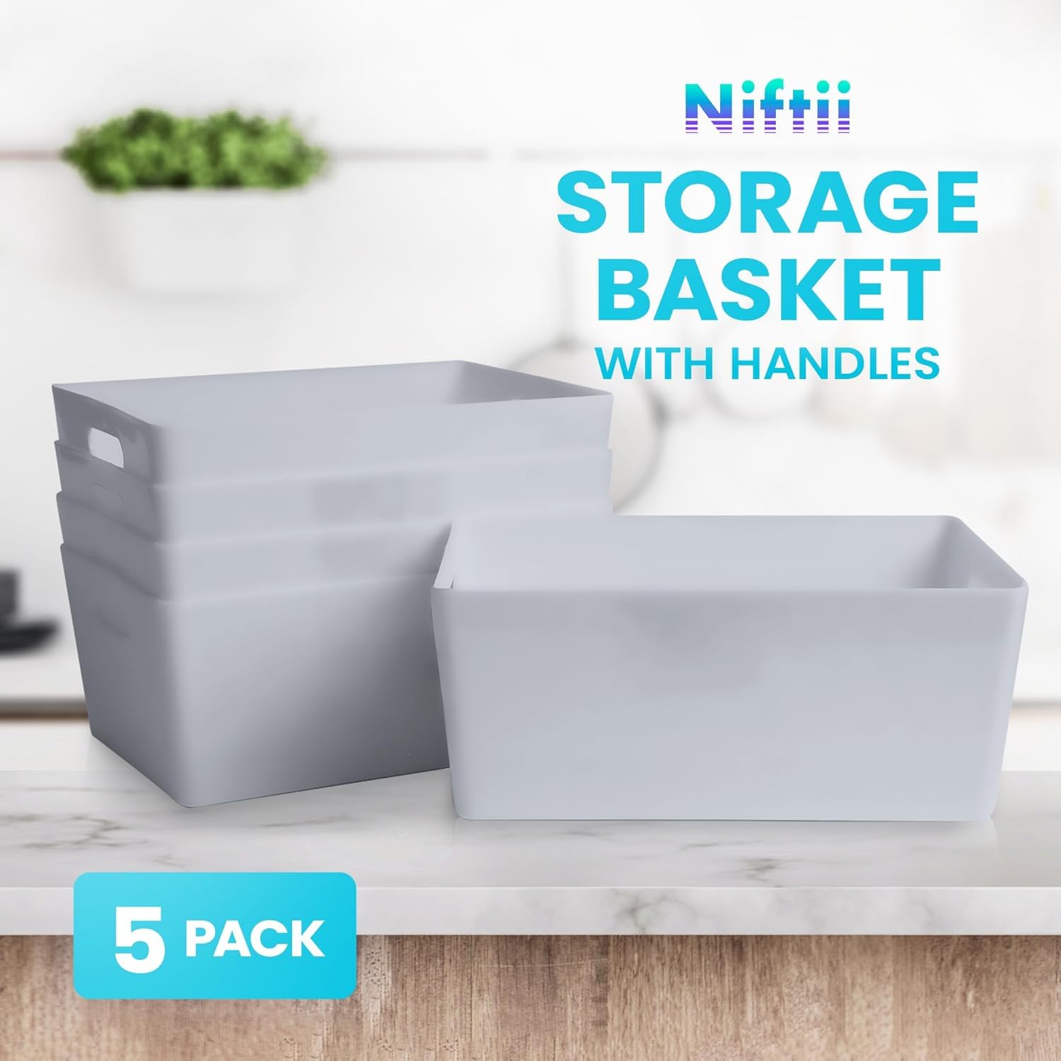 Niftii 5-Pack Plastic Shelf Baskets with Sturdy Handles | 3.9L Capacity | Grey 4