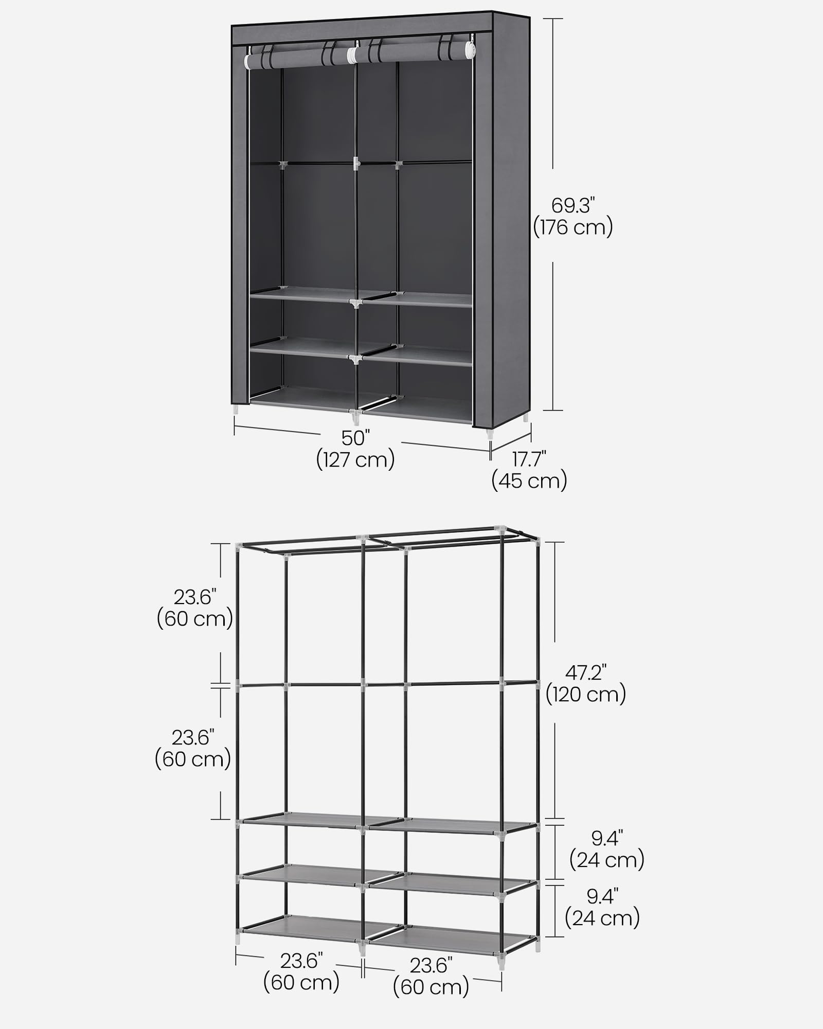 SONGMICS Portable Clothes Wardrobe - Grey | 127W x 45D x 176H cm | 2 Hanging Rods 7