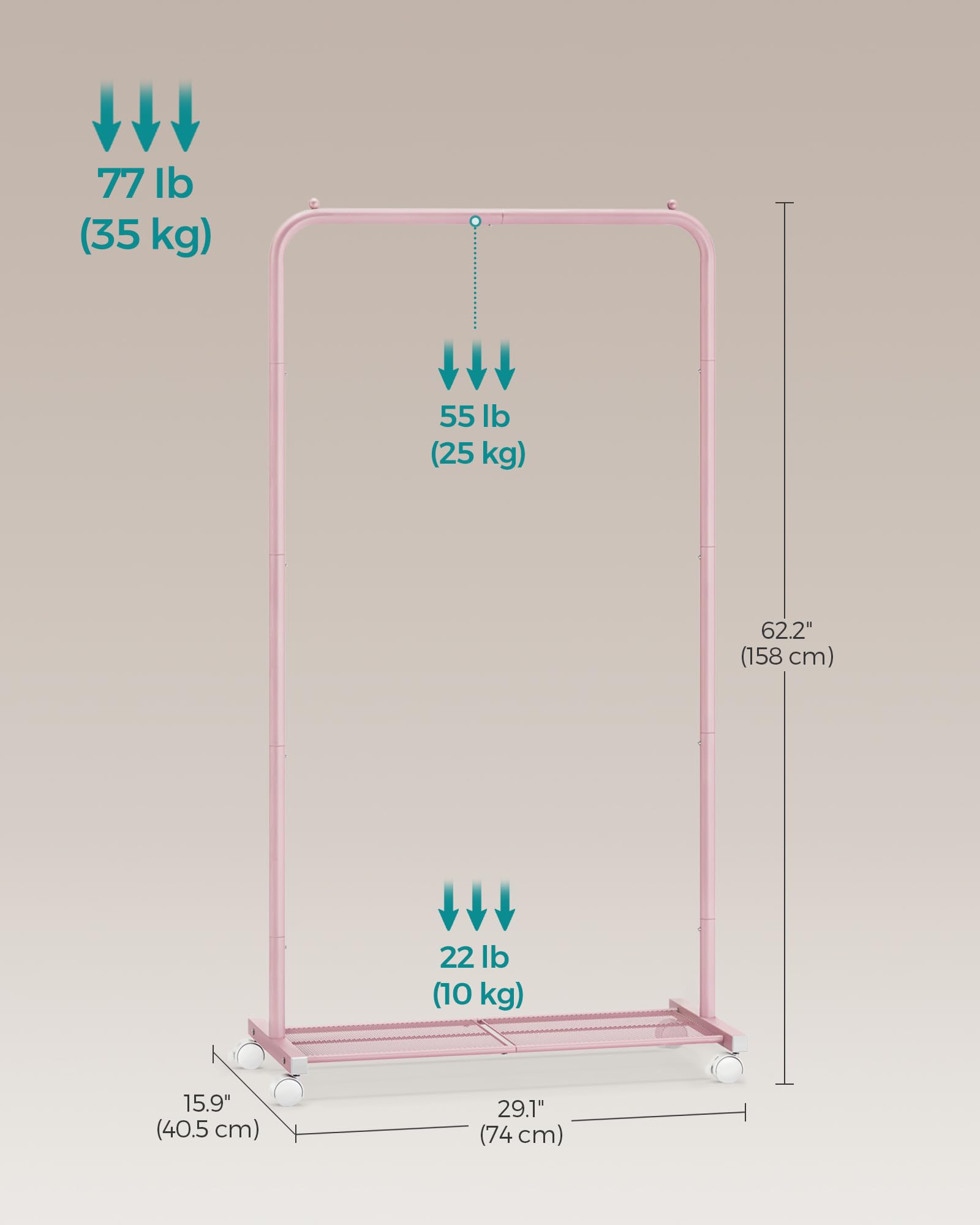 SONGMICS Clothes Rack on Wheels - Metal Rail with Storage Shelf | Pink | 74L cm 6