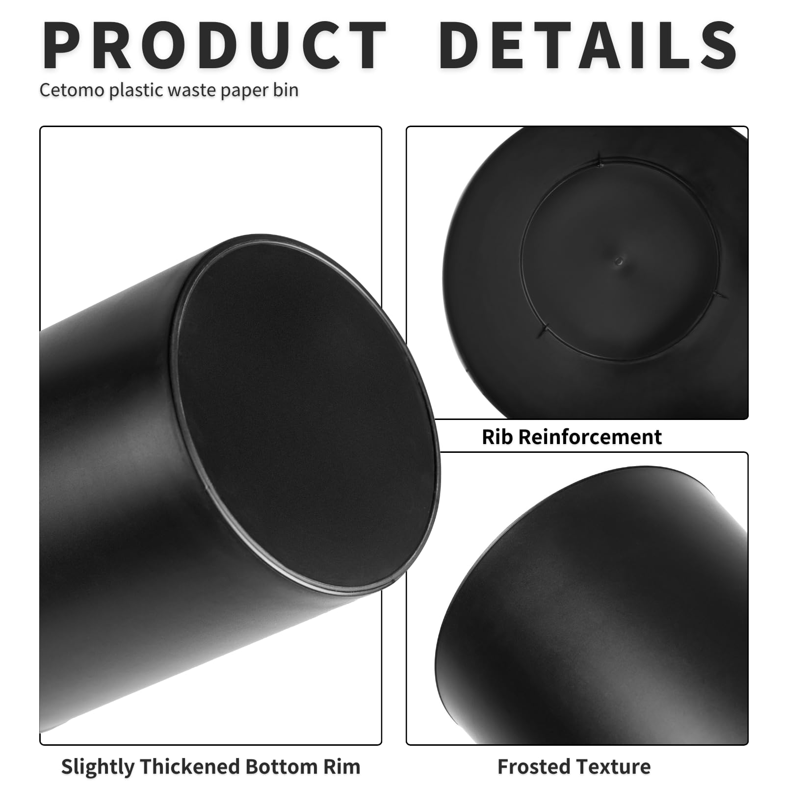 Cetomo 7.2L Plastic Waste Paper Bin - Compact, Frosted Finish, Black | 3 Pack 2