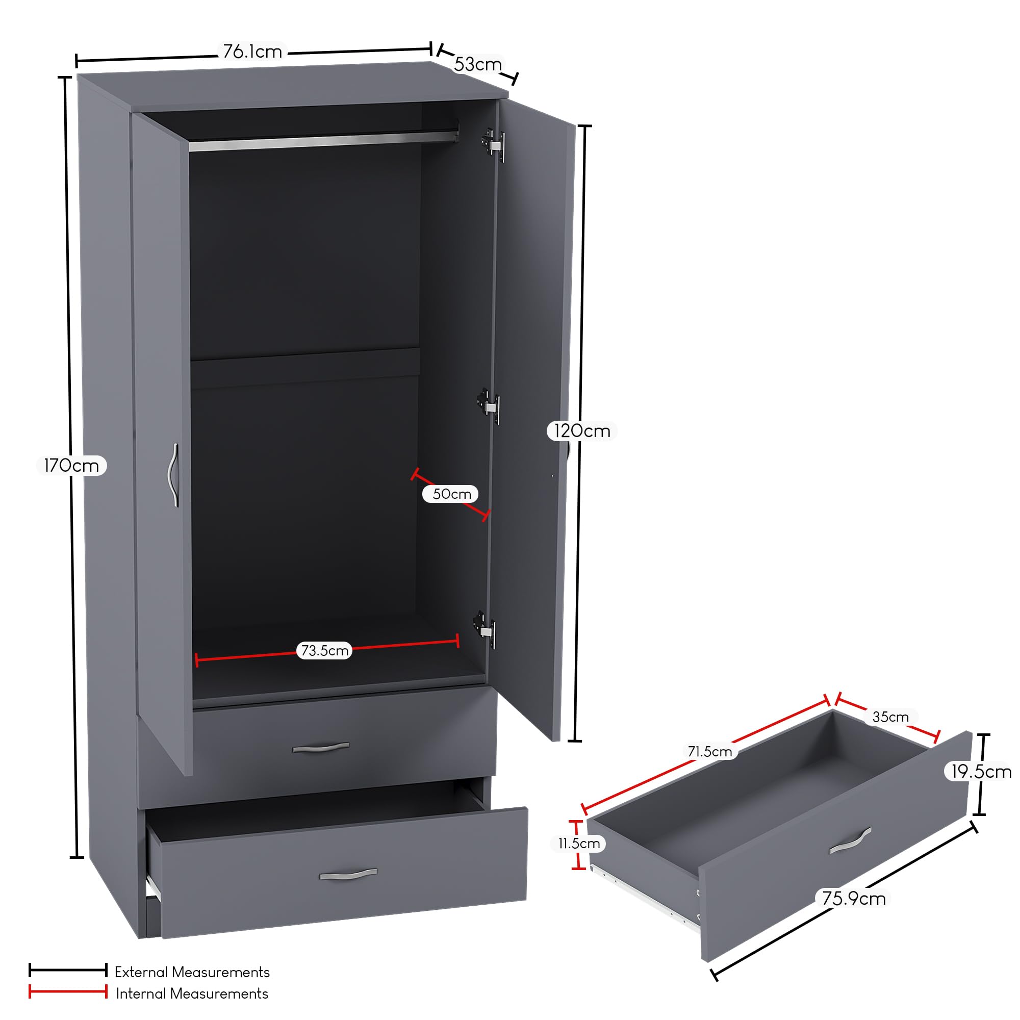 Vida Designs Riano 2 Door Wardrobe with Shelf & Hanging Rail | Engineered Wood | Grey 2