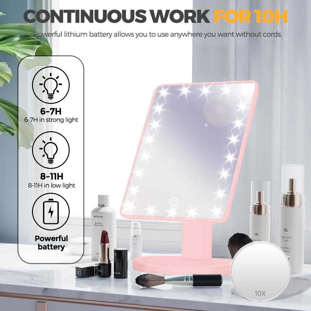 Woobroo Makeup Vanity Mirror with 22 LED Lights | 10X Detachable Magnification | Touch Sensor Dimming | Pink 5