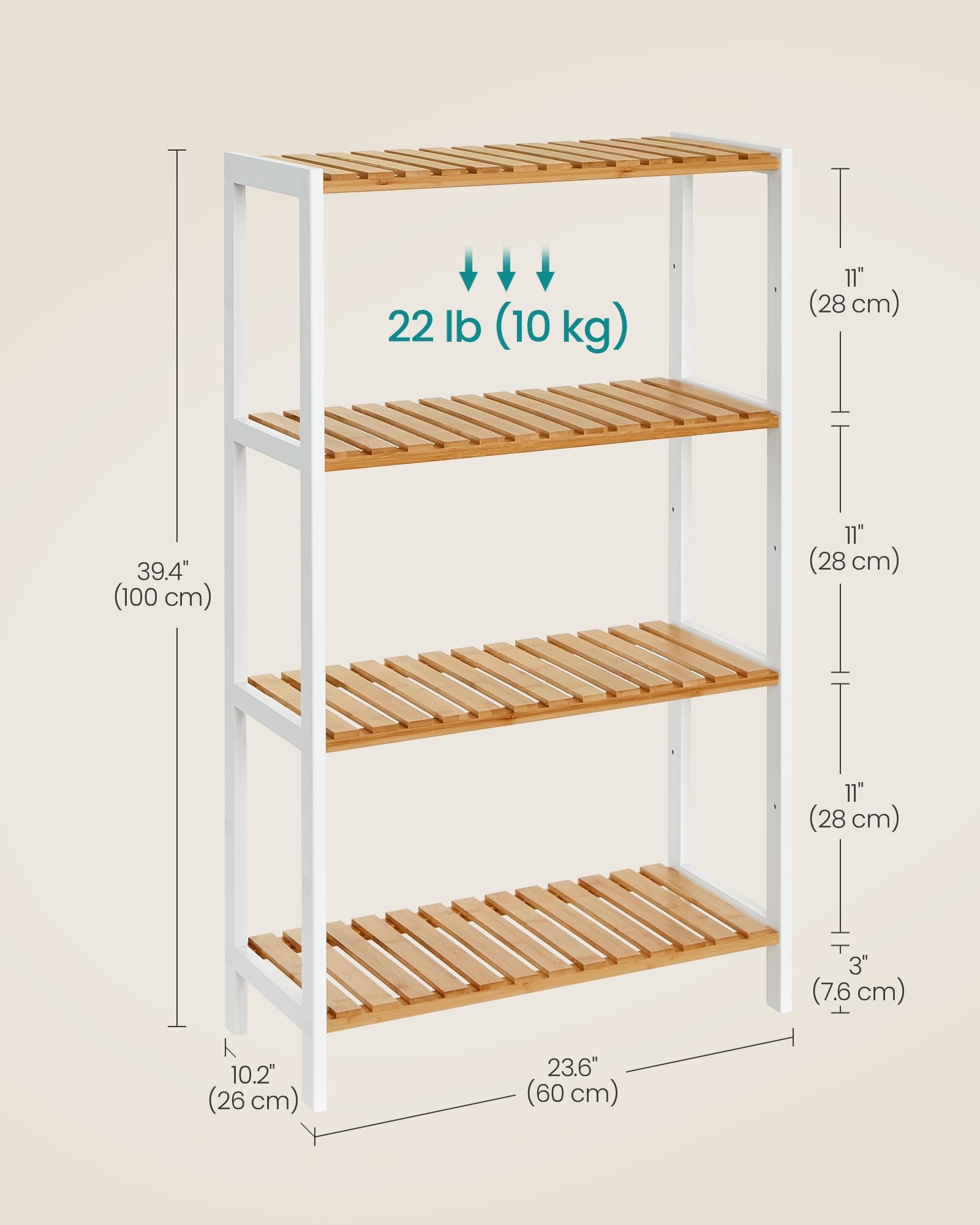 SONGMICS Bamboo Storage Shelf - 4-Tier Freestanding Unit | Natural + White | 60x26x100 cm 8