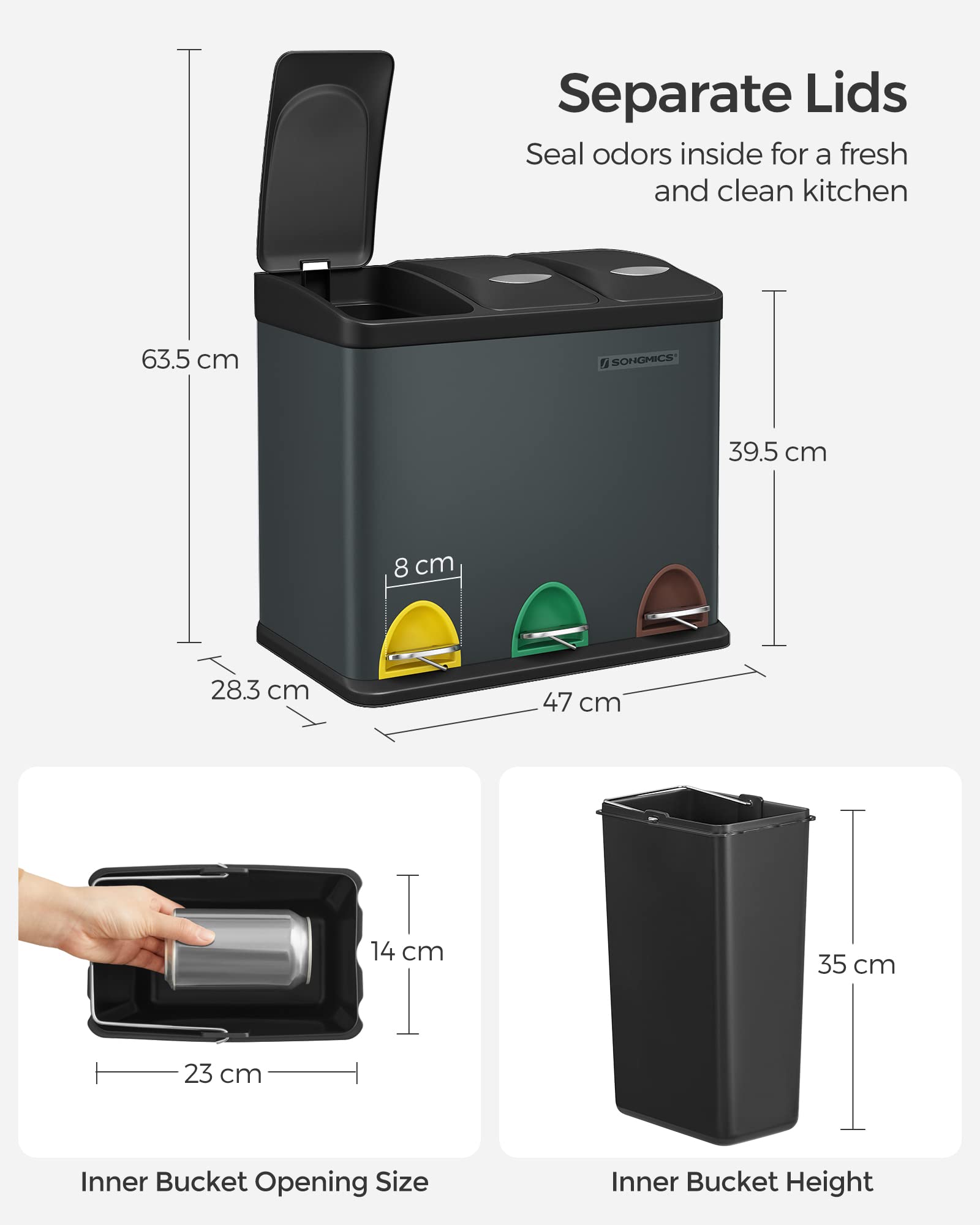SONGMICS LTB24GS Triple Waste Bin - 3 x 8L Capacity | Foot Pedal Operated | Steel 7