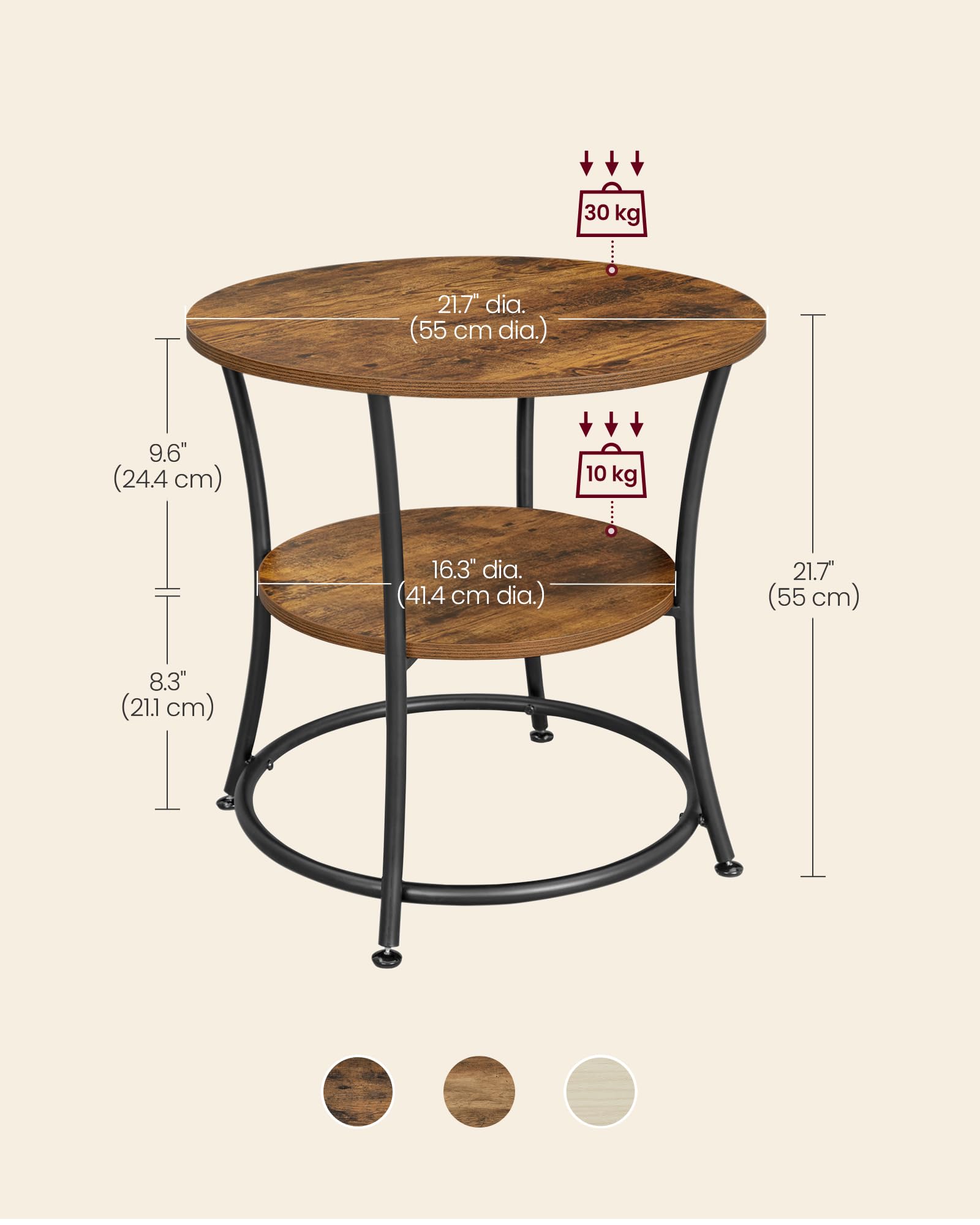 VASAGLE Round End Table - 2 Shelves, Industrial Style | 55 cm Dia | Rustic Brown/Ink Black 3