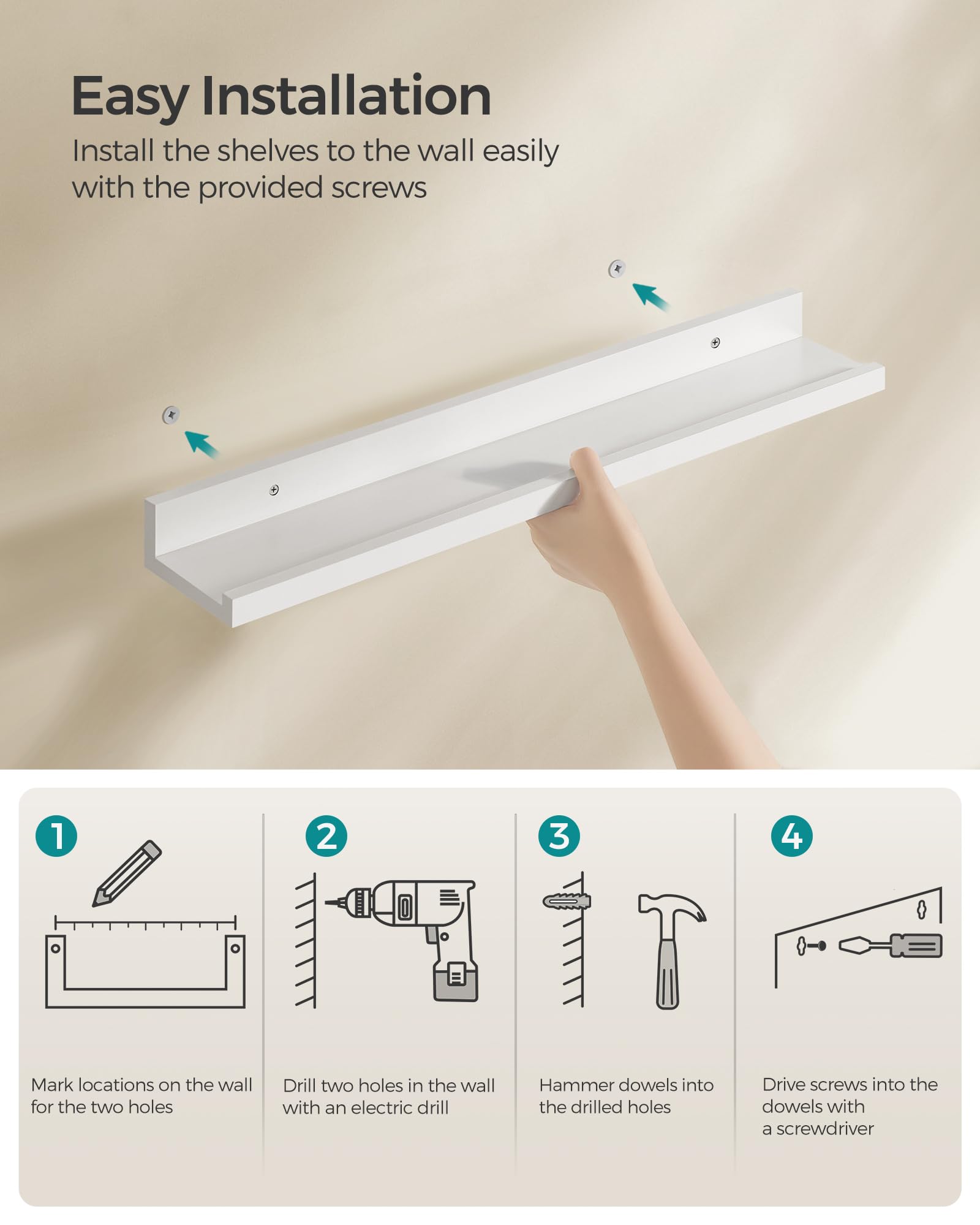 SONGMICS Floating Shelves Set of 2 - High-Gloss White Finish | 80 x 10 cm | MDF 5