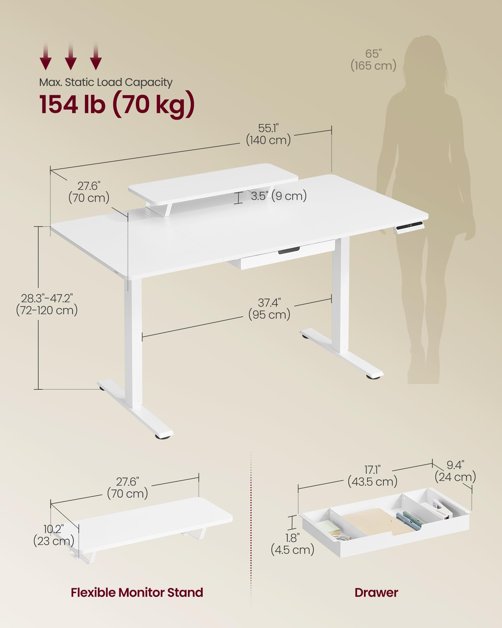 VASAGLE Electric Standing Desk - Height Adjustable 140 x 70 cm | 3 Memory Presets | Cloud White 3